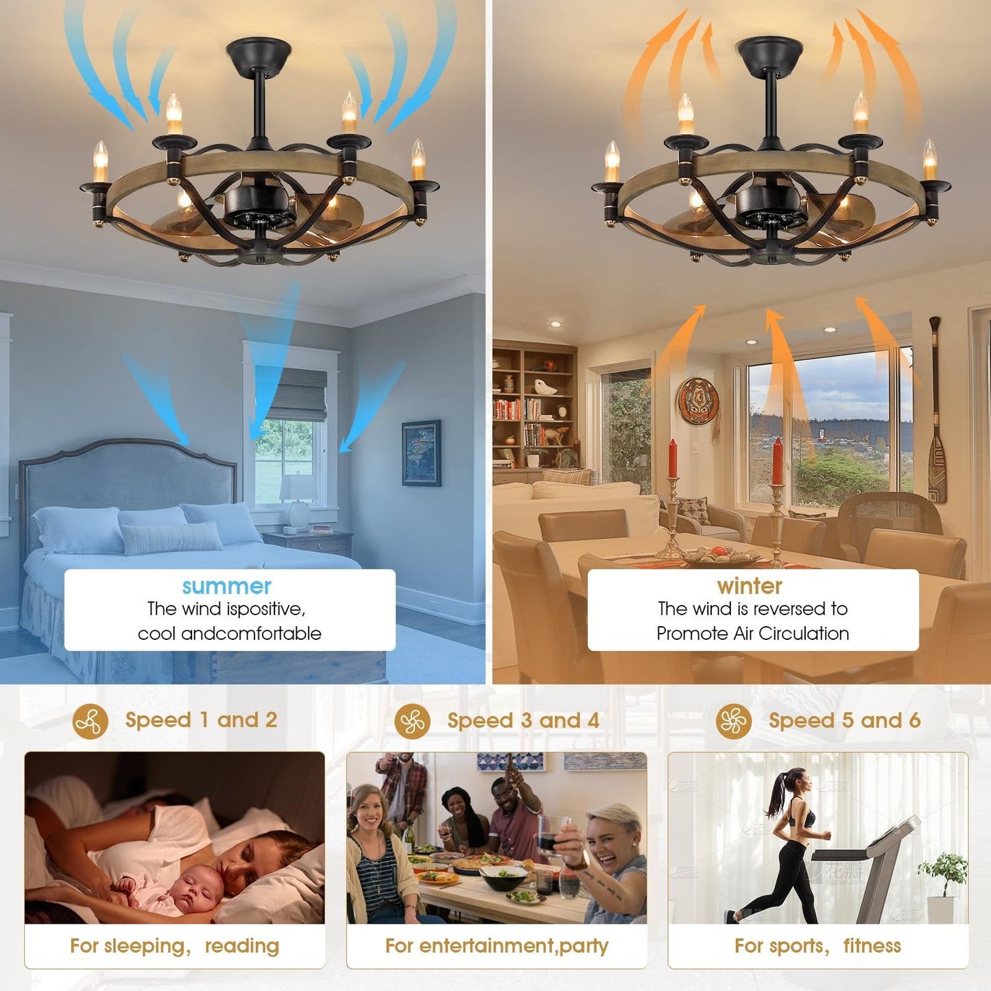 23/32 Inches Caged Ceiling Fan with Light and Remote,Modern Farmhouse Ceiling Fan Light for Living Room,Kitchen,Dinning Room, Black Rustic Chandelier Candles