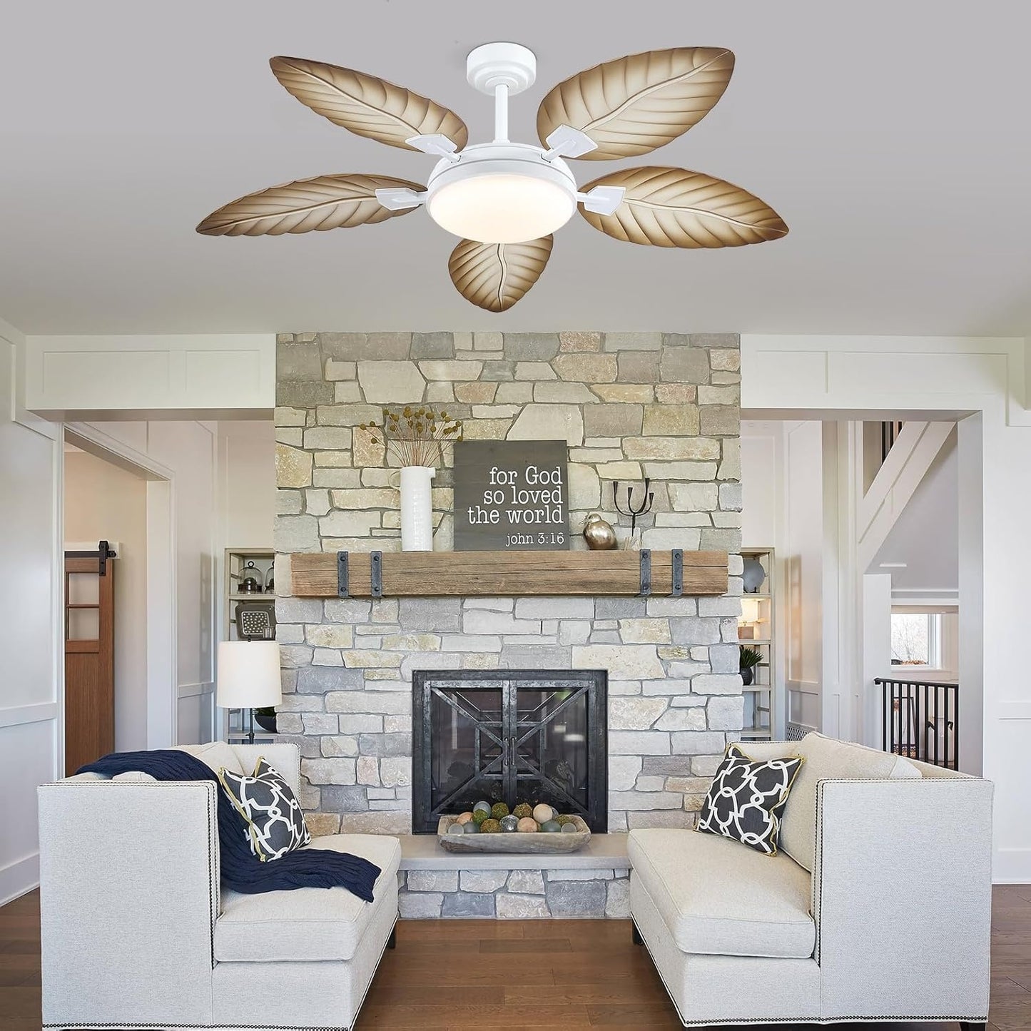 48 or 52 Inch Palm Leaf Ceiling Fan,APP and Remote Control,5 Blades,Dimmable,Reversible DC Motor