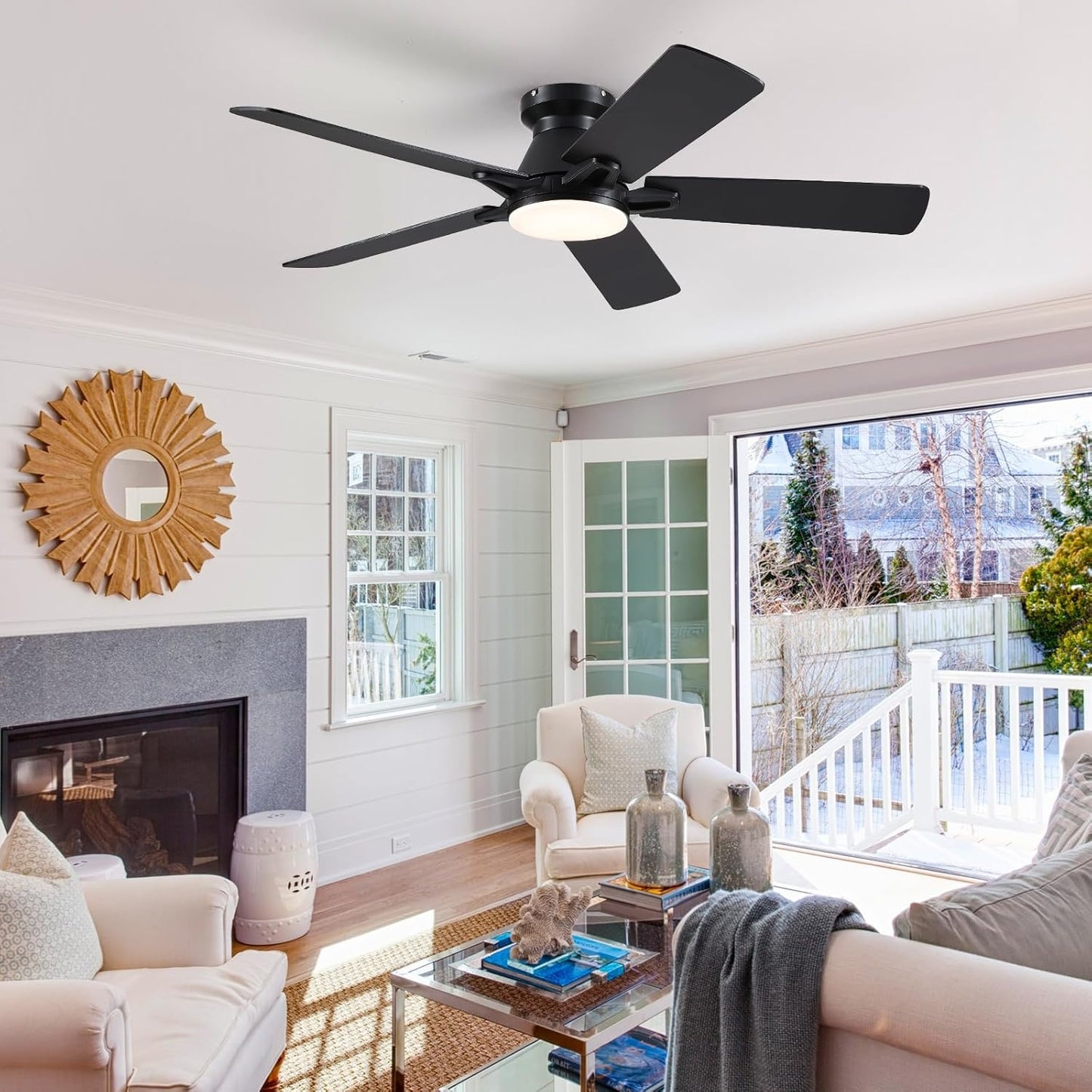 52 Inch Flush Mount 5 Blades Ceiling Fan,Low Profile Ceiling Fan Light for Indoor or Outdoor
