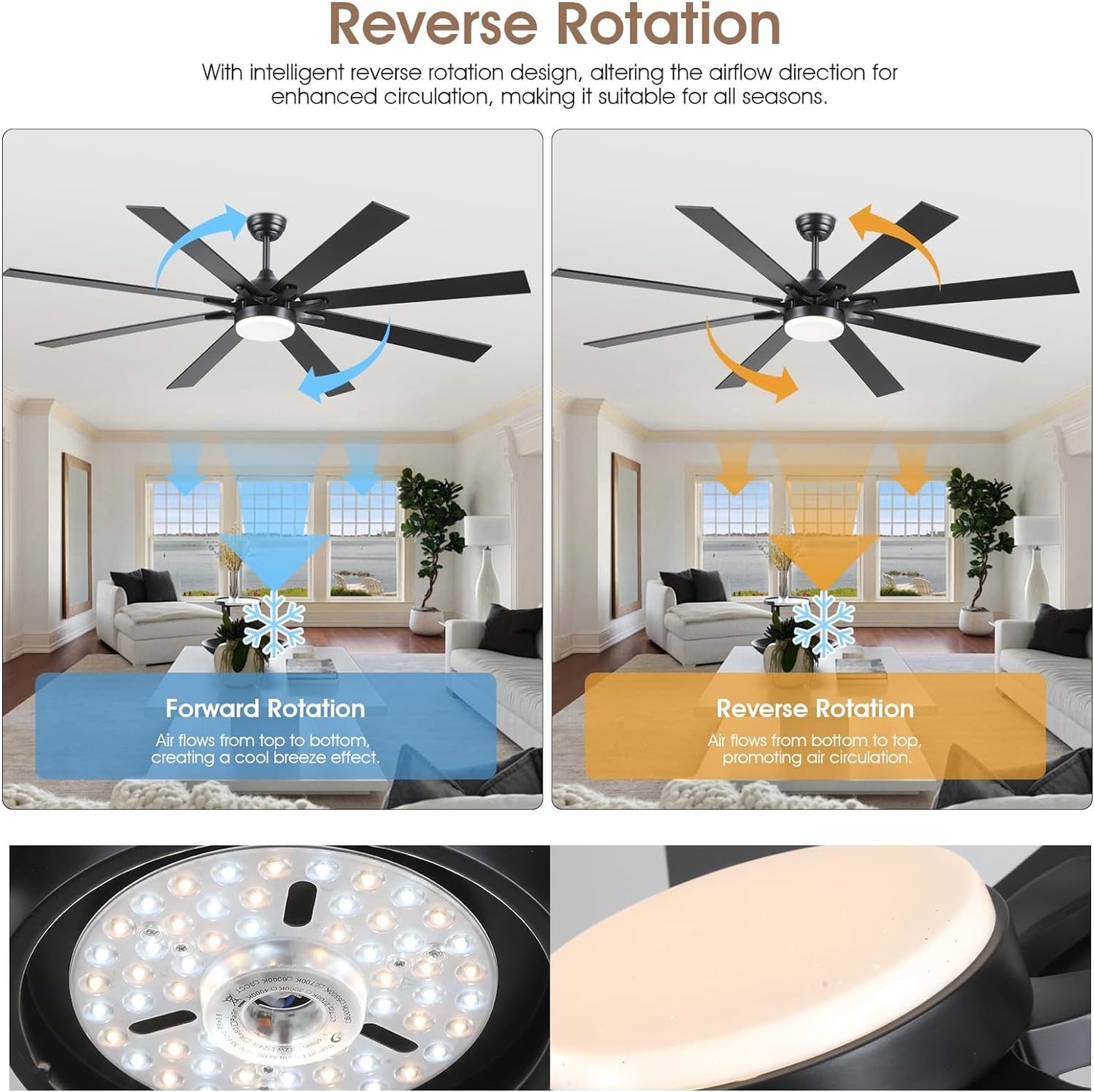72 Inch Ceiling Fan with Light,Downrod LED Ceiling Fan,8 Plywood Blades