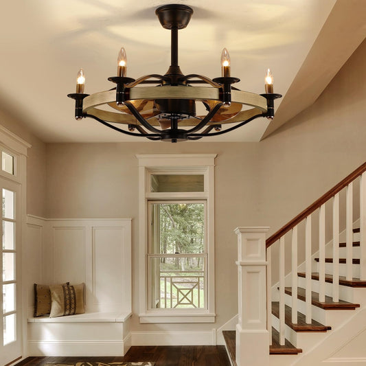 23/32 Inches Caged Ceiling Fan with Light and Remote,Modern Farmhouse Ceiling Fan Light for Living Room,Kitchen,Dinning Room, Black Rustic Chandelier Candles