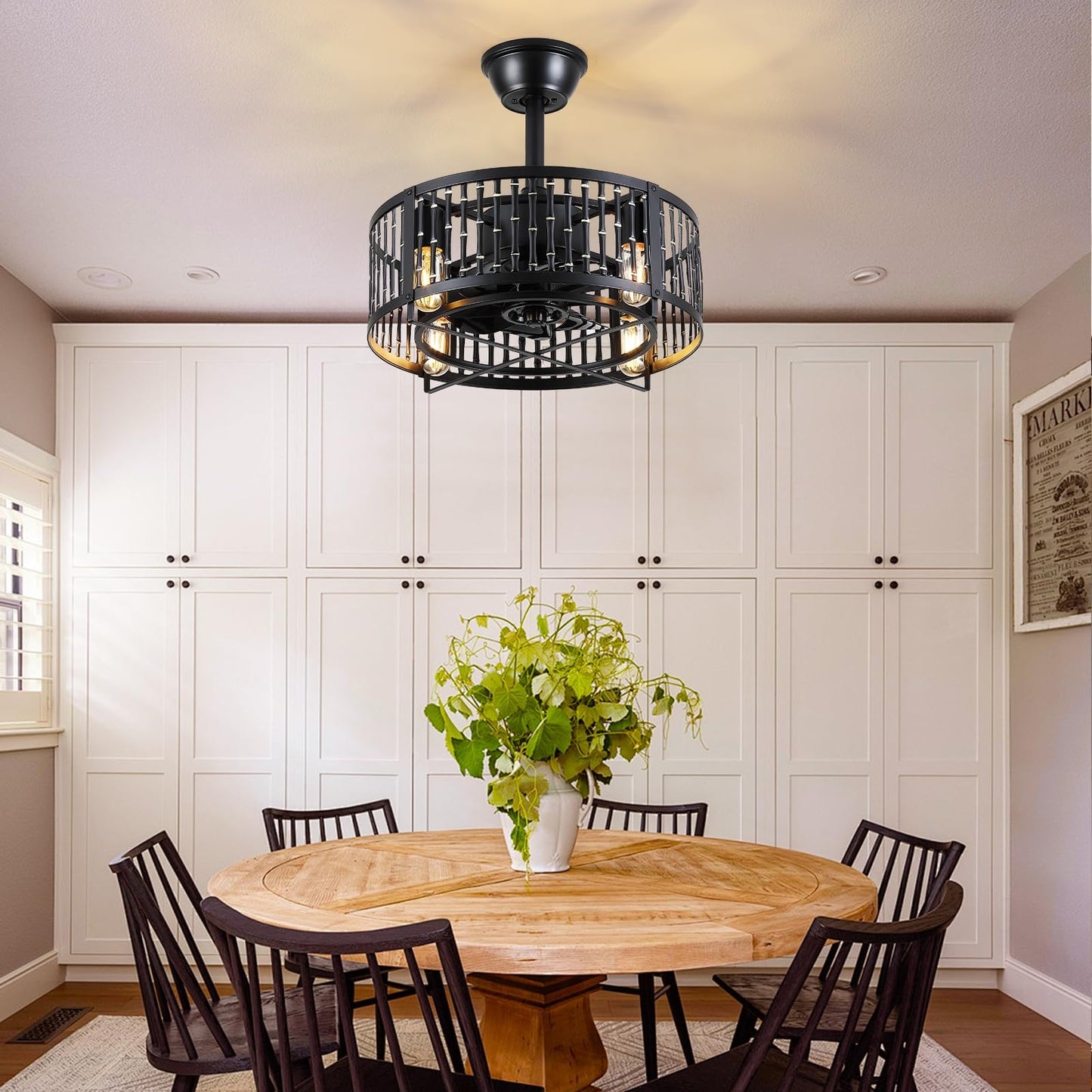 18 Inch Caged Ceiling Fan with Light and Remote,Downrod Bladeless Ceiling Fan Light,for Dining Room,Kitchen,Bedroom