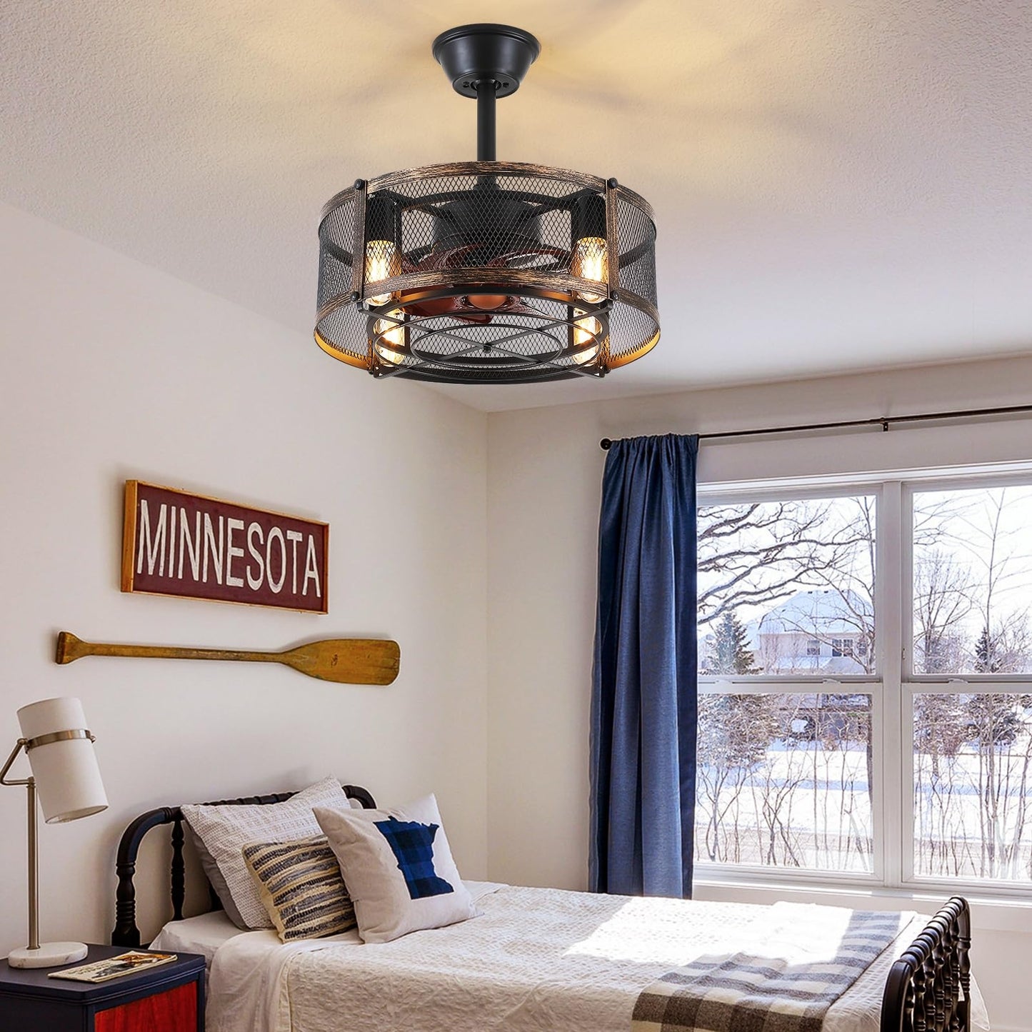 18 Inch Caged Ceiling Fan with Light,Reversible DC Motor,Remote Control for Timer Setting,6 Speed Wind,for Bedroom,Kitchen,Outdoors