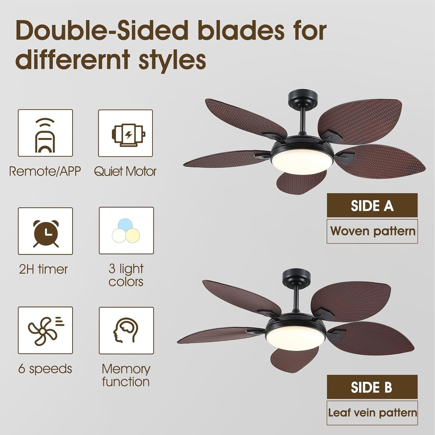 52 and 62 inch palm leaf ceiling fan