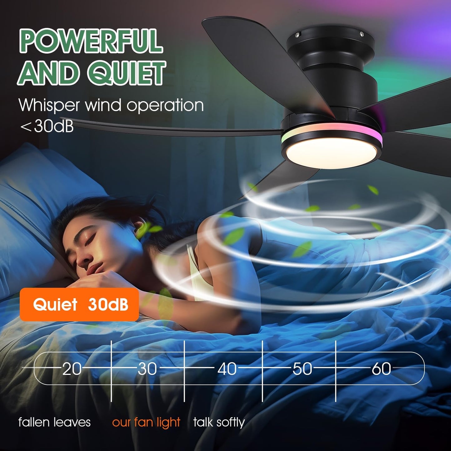 41 Inches RGB Ceiling Fan with Light,3CCT LED,Reversible DC Motor,Flush Mount Ceiling Fan