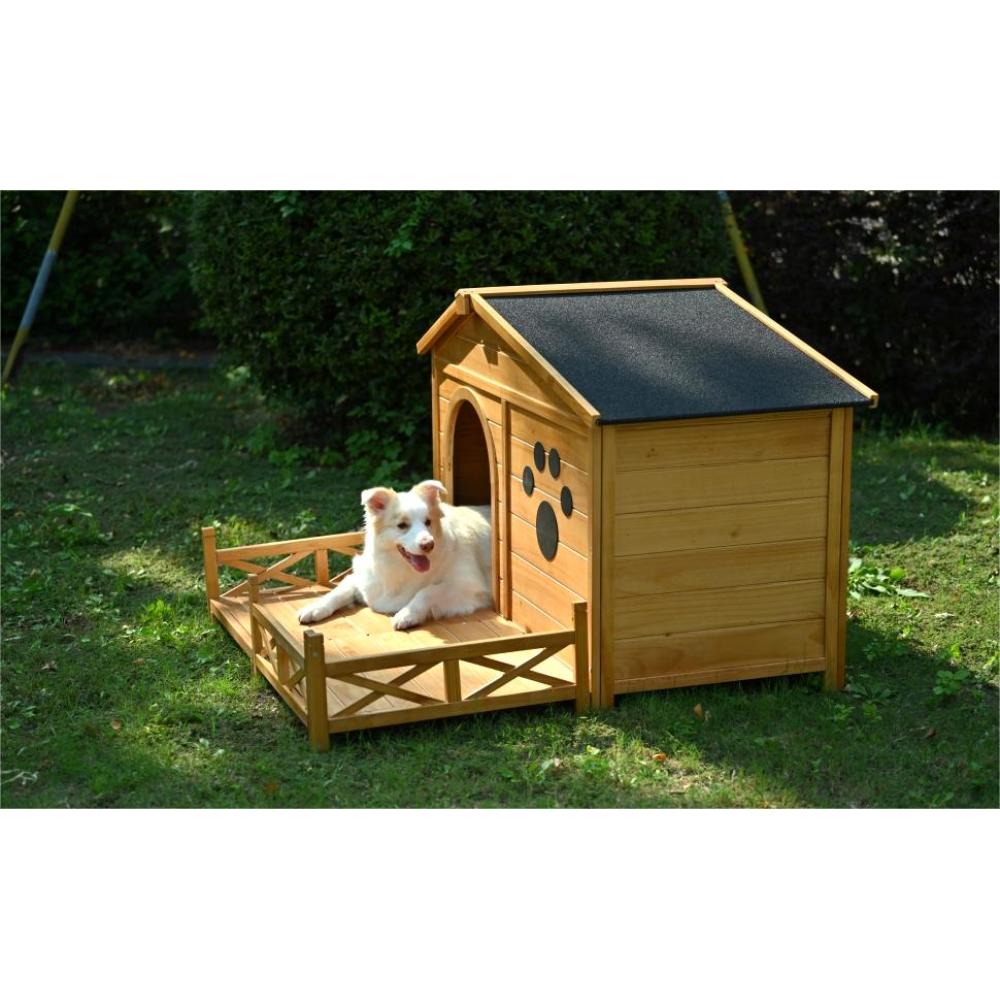 Bellura Pet 48" Wooden Dog House Outdoor with Porch, Dog Kennel with Water-Resistant Asphalt Roof and Fencing,Indoor & Outdoor Dog Crate with Paw Print, Medium, Nature