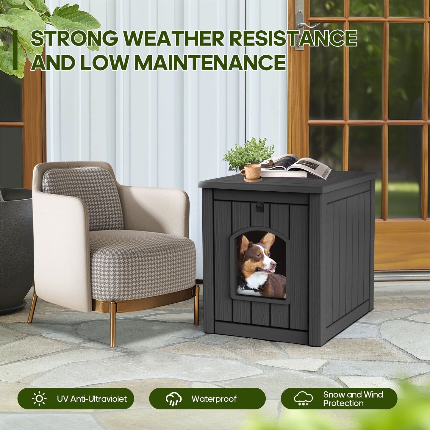 Indoor Dog House Weatherproof Outdoor Dog Houser for Small Medium Dogs, Resin Plastic Igloo Dog House with Flip Lid and Elevated Floor, Easy Assembly for Cat Puppy Shelter (Black)