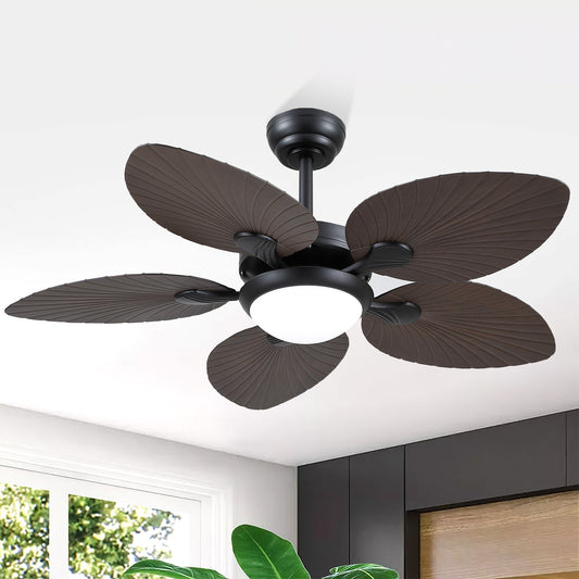 44 Inch Tropical Palm Leaf Ceiling Fan with LED Lights, Outdoor Ceiling Fans for Patios Porch, Reversible Quiet Motor, Dimmable, Light Brown