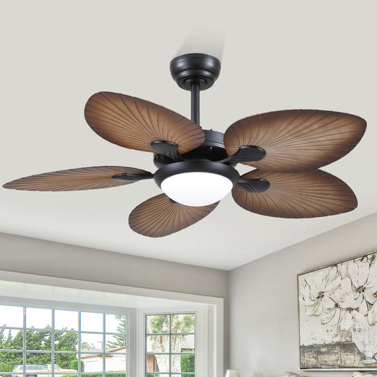 44 Inch Tropical Ceiling Fan with LED Lights, Palm Leaf Blades,6 Speed,Dimmable LED,Wood Grain Design,for Kitchen,Dining Room,Patio