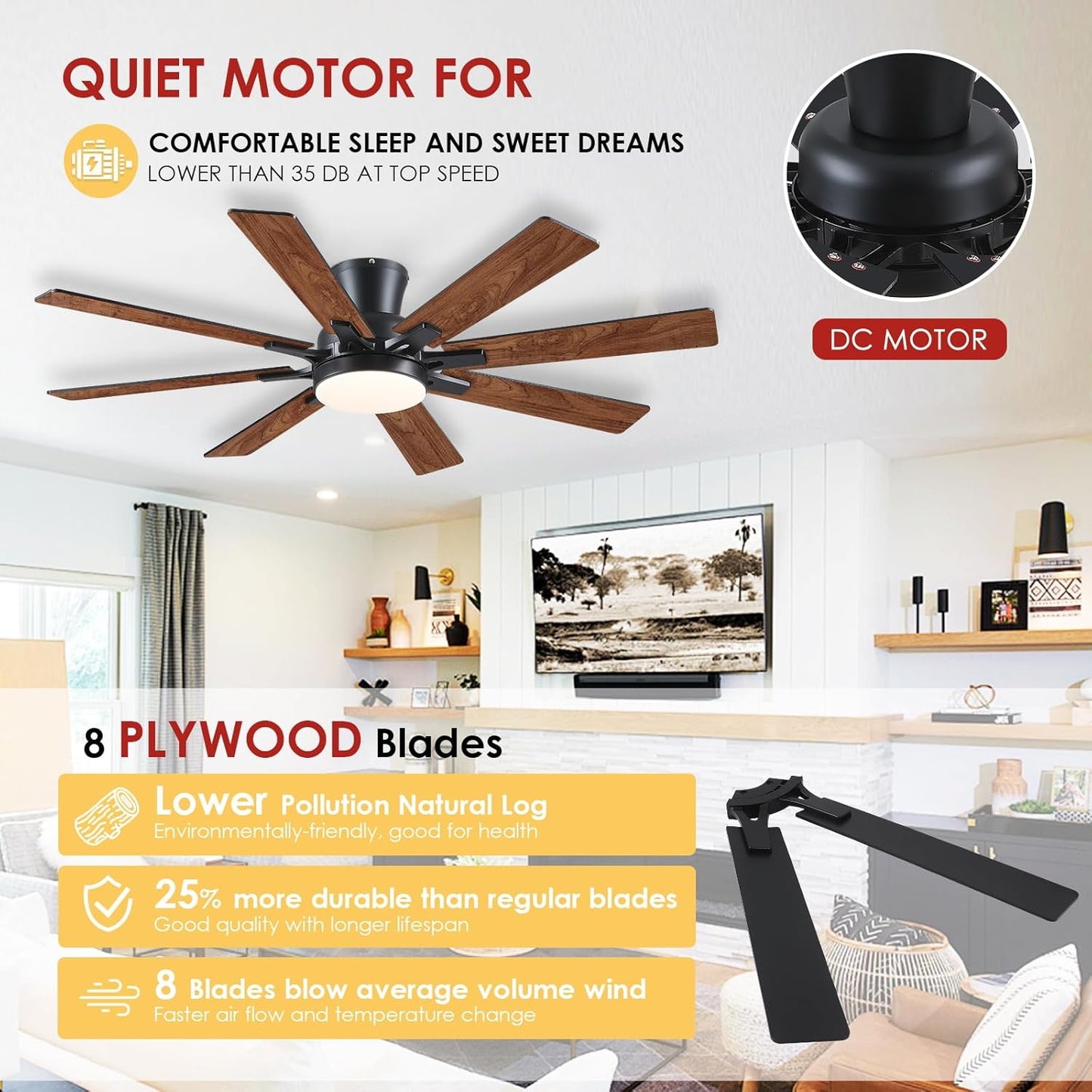52 Inch Flush Mount Ceiling Fan with 8 Blades