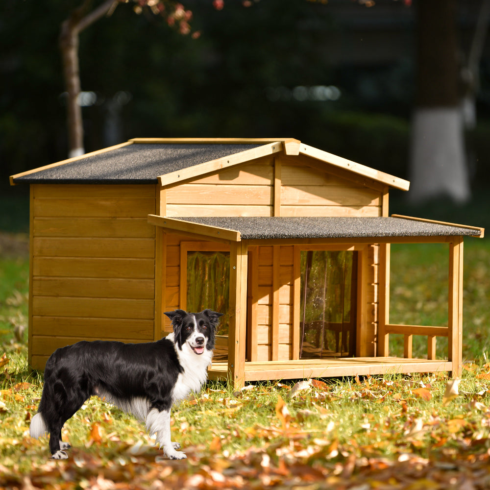 Bellura Pet 48" Wooden Dog House Outdoor with Porch, Dog Kennel with Water-Resistant Asphalt Roof and Fencing,Indoor & Outdoor Dog Crate with Paw Print, Medium, Nature