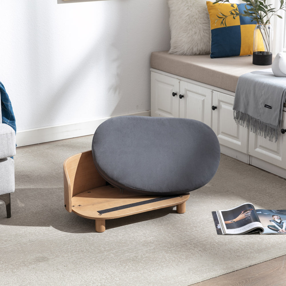 Bellura Pet - Luxurious Dark Grey Velvet Cushion Dog Bed with Walnut Details and Scandinavian Style Elevated Sofa Design