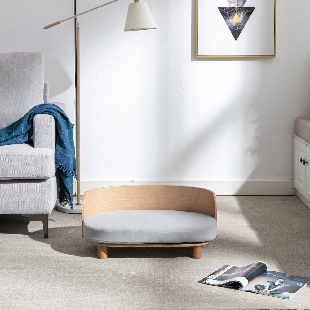 Bellura Pet - Scandinavian Style Velvet Cushion Walnut Elevated Dog Bed Pet Sofa with Bent Wood Back and Solid Wood Legs