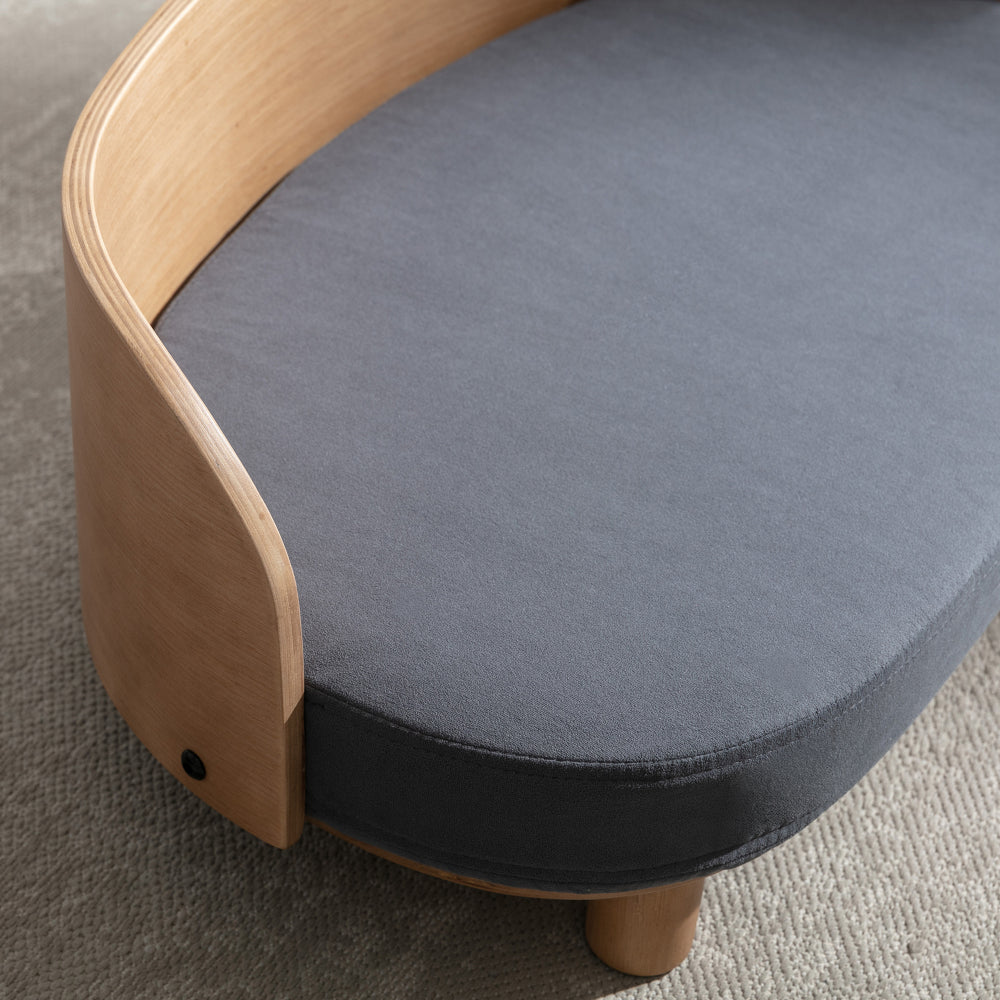 Bellura Pet - Luxurious Dark Grey Velvet Cushion Dog Bed with Walnut Details and Scandinavian Style Elevated Sofa Design