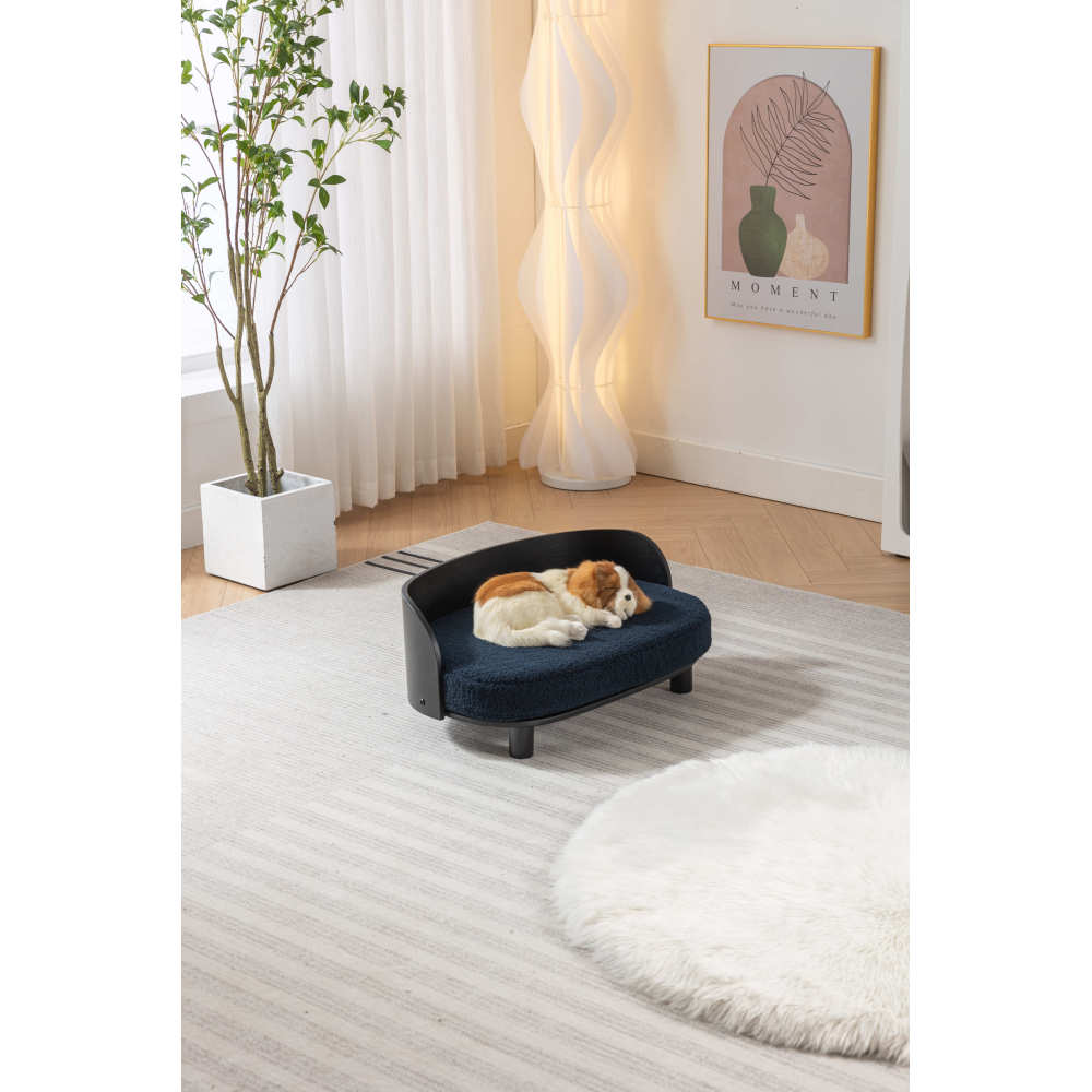 Bellura Pet - Stylish Scandinavian Elevated Dog Bed Pet Sofa in BLACK with Solid Wood Legs, Bent Wood Back, and Plush Velvet Cushion