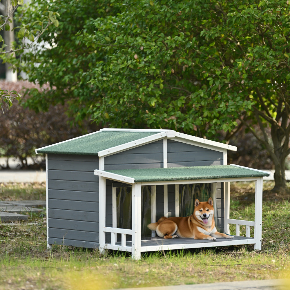 Bellura Pet 48" Wooden Dog House Outdoor with Porch, Dog Kennel with Water-Resistant Asphalt Roof and Fencing,Indoor & Outdoor Dog Crate with Paw Print, Medium, Nature
