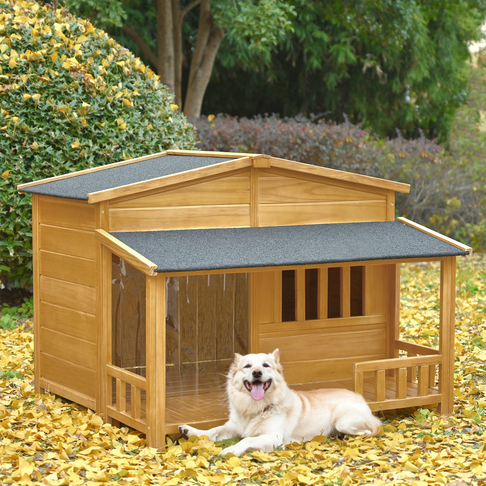 Bellura Pet 48" Wooden Dog House Outdoor with Porch, Dog Kennel with Water-Resistant Asphalt Roof and Fencing,Indoor & Outdoor Dog Crate with Paw Print, Medium, Nature