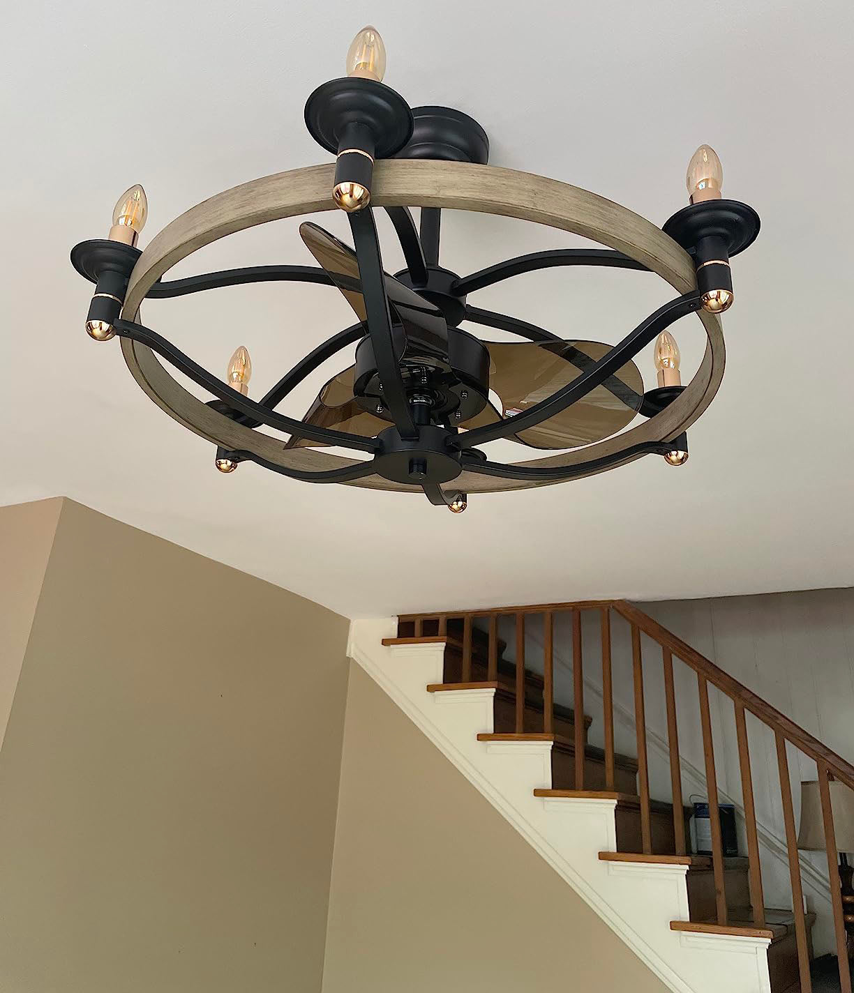 23/32 Inches Caged Ceiling Fan with Light and Remote,Modern Farmhouse Ceiling Fan Light for Living Room,Kitchen,Dinning Room, Black Rustic Chandelier Candles