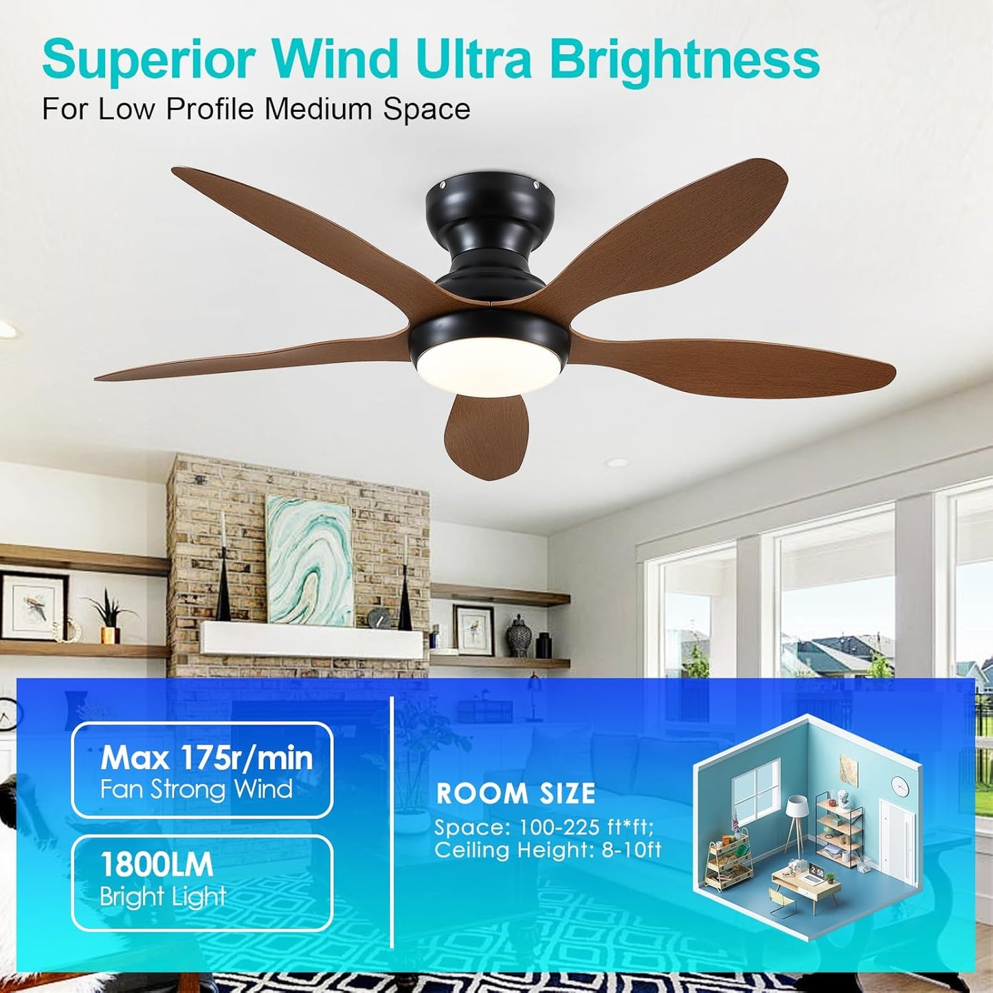 46 Inches Brown Ceiling Fan Flush Mount