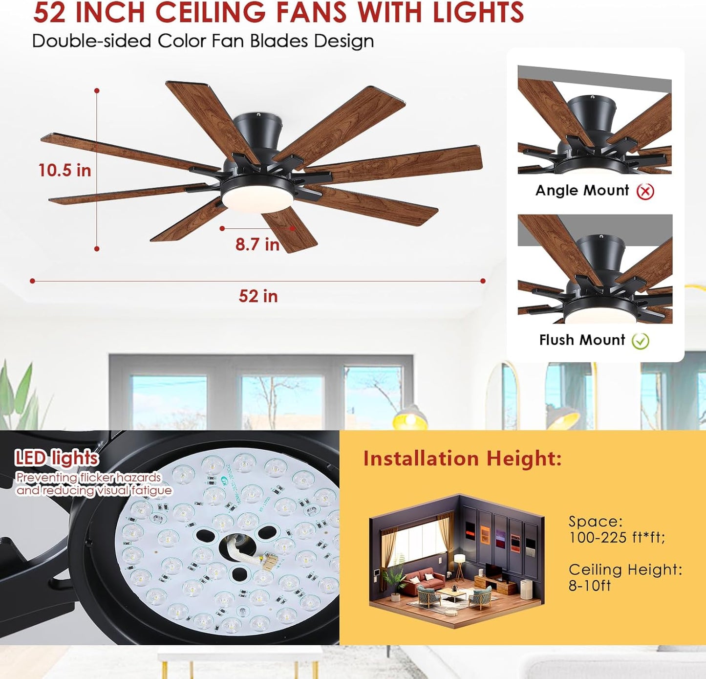 52 Inch Flush Mount Ceiling Fan with 8 Blades