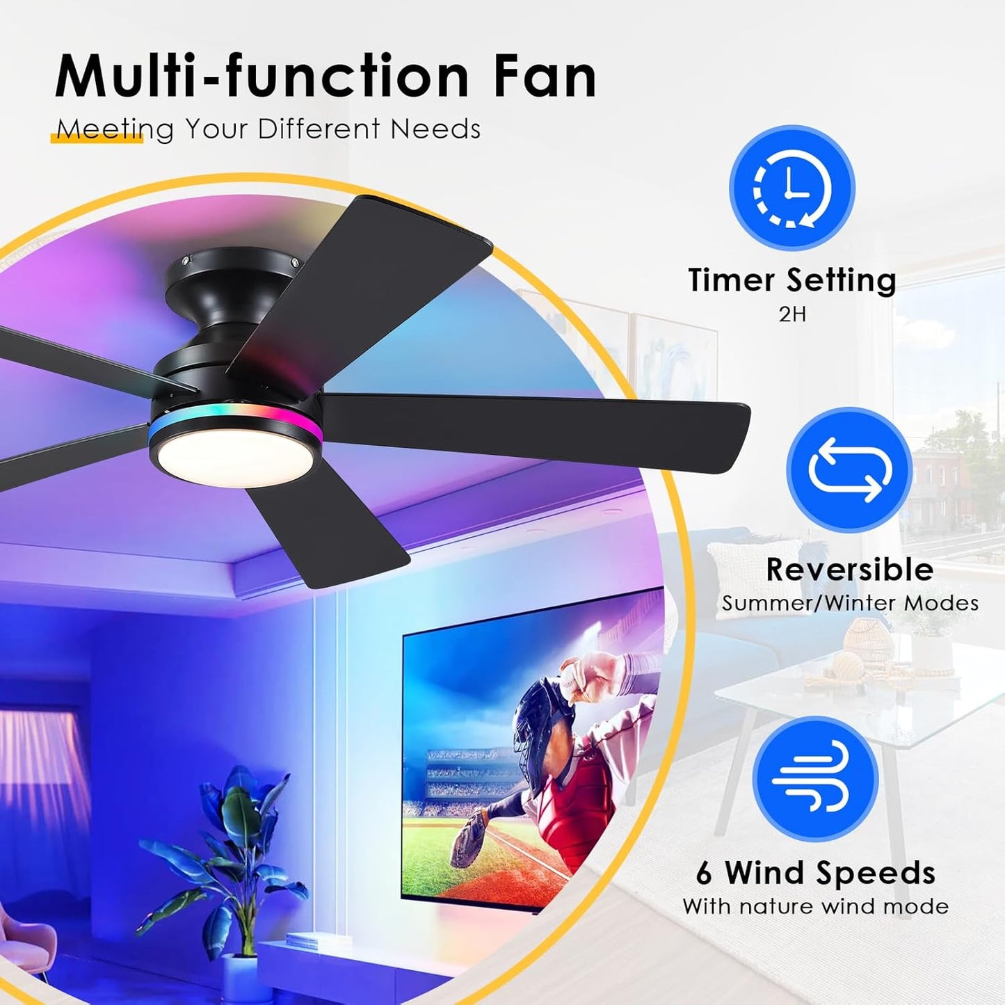 46 Inch Black RGB Ceiling Fan