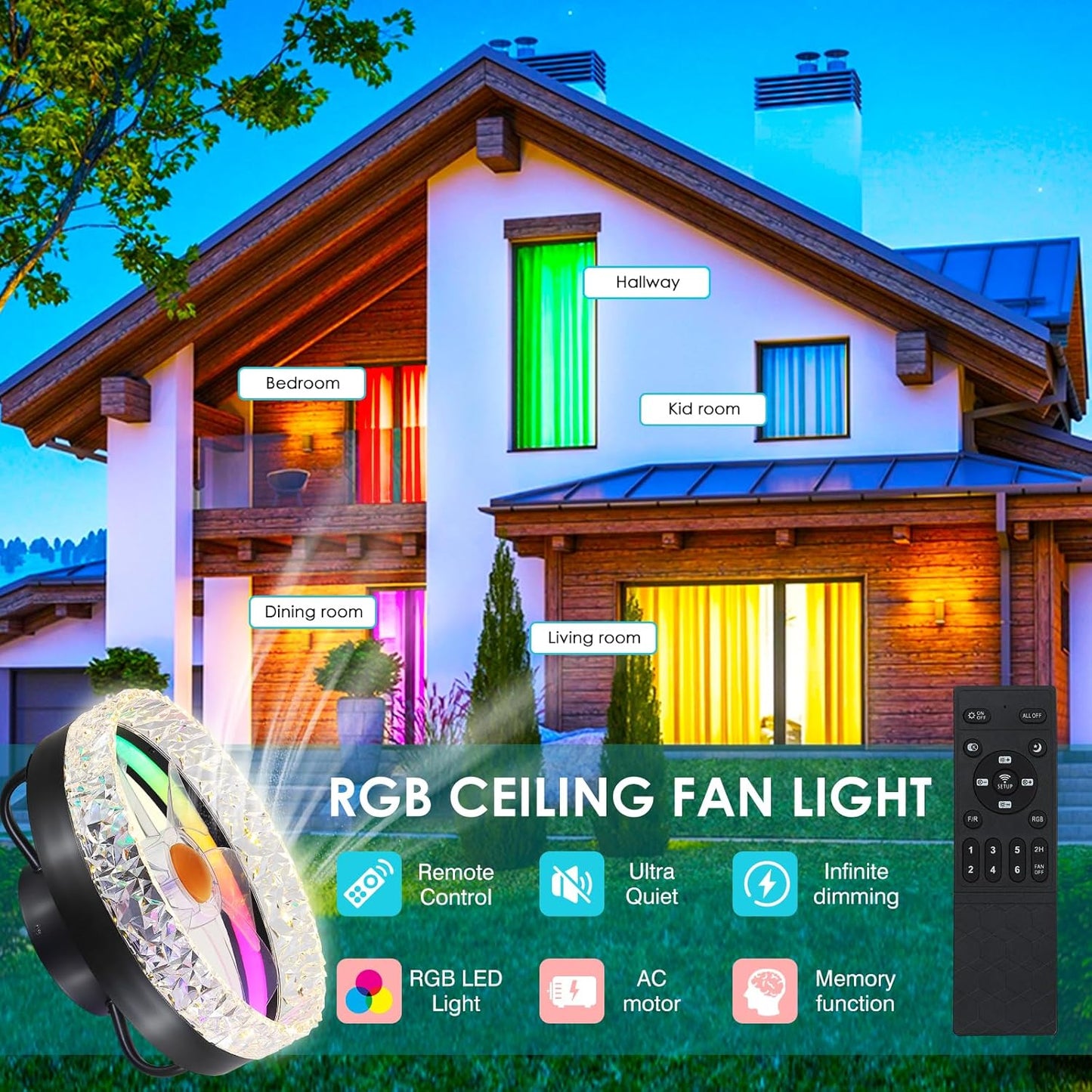 13 Inch RGB Modern Ceiling Fan with Light
