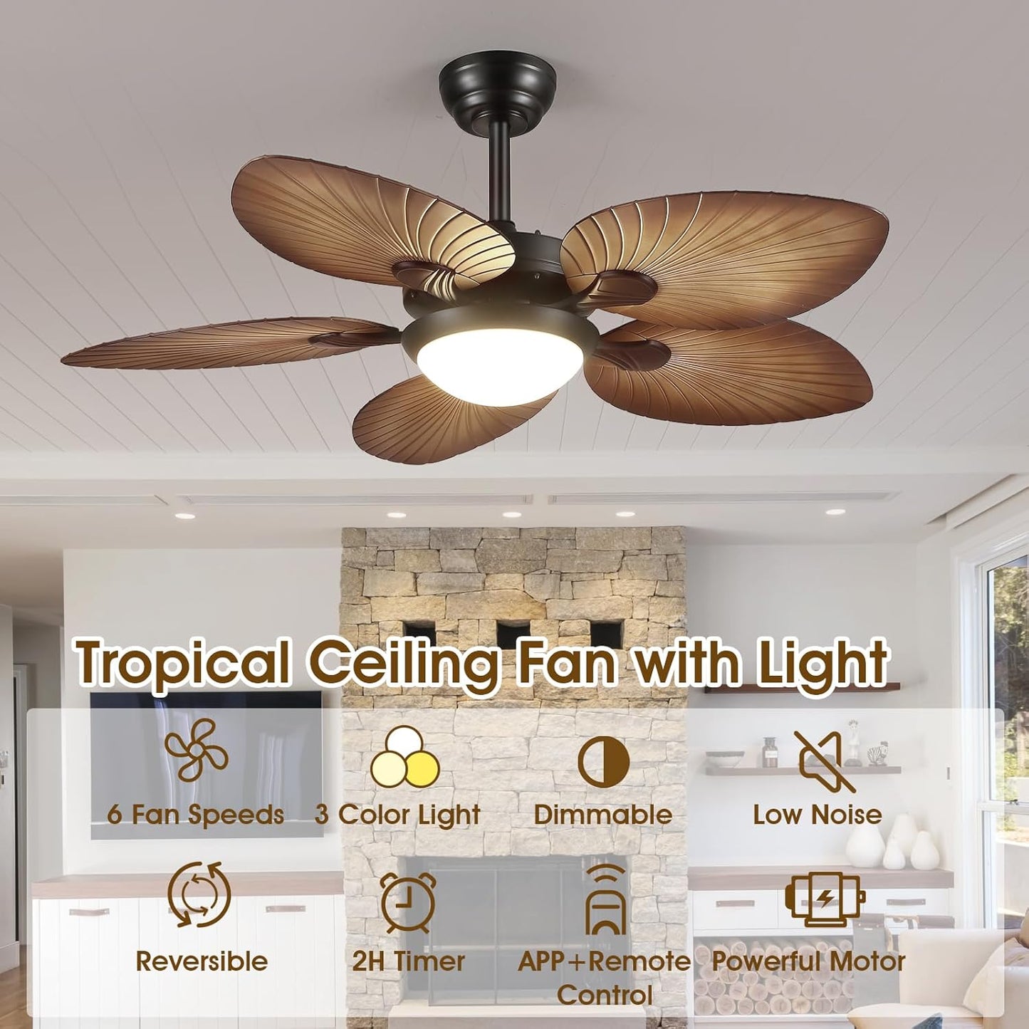 44 Inch Tropical Ceiling Fan with LED Lights, Palm Leaf Blades,6 Speed,Dimmable LED,Wood Grain Design,for Kitchen,Dining Room,Patio