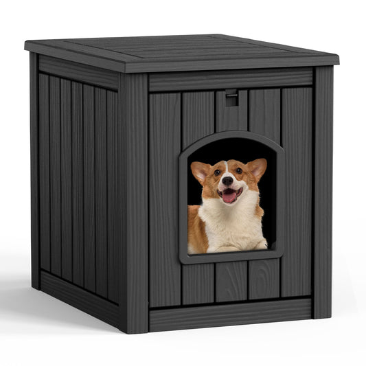 Indoor Dog House Weatherproof Outdoor Dog Houser for Small Medium Dogs, Resin Plastic Igloo Dog House with Flip Lid and Elevated Floor, Easy Assembly for Cat Puppy Shelter (Black)