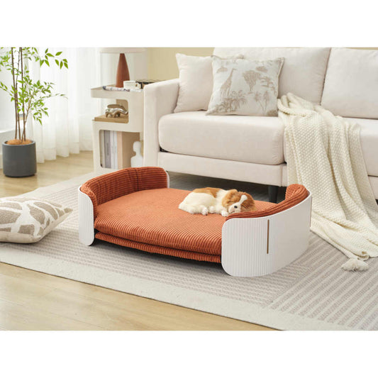 Bellura Pet - Luxurious Brown ABS Scandinavian Style Cat Couch Bed, Pet Sofa for Indoor Cats, Elevated Cat Beds with Removable Mattress Cover, Suitable for Medium or Large Animals, Brand Design in White and Brown