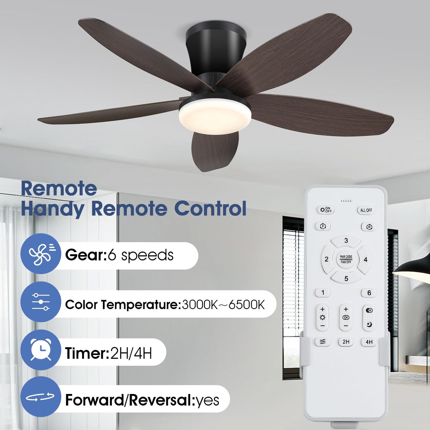 36” Low Profile Ceiling Fan ,5 ABS Blades Ceiling Fan Light