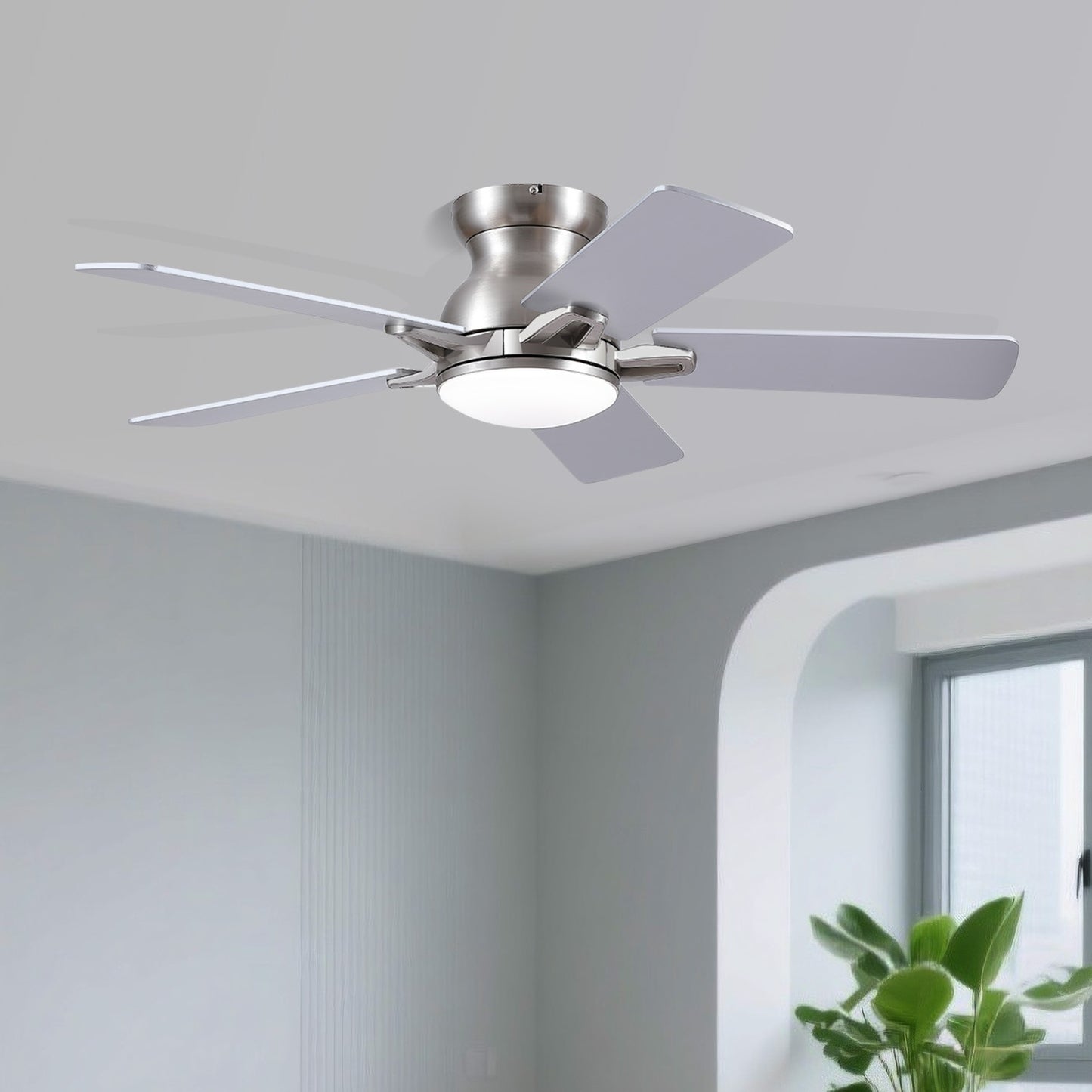 52 Inch Flush Mount Ceiling Fan with Light-NIckle
