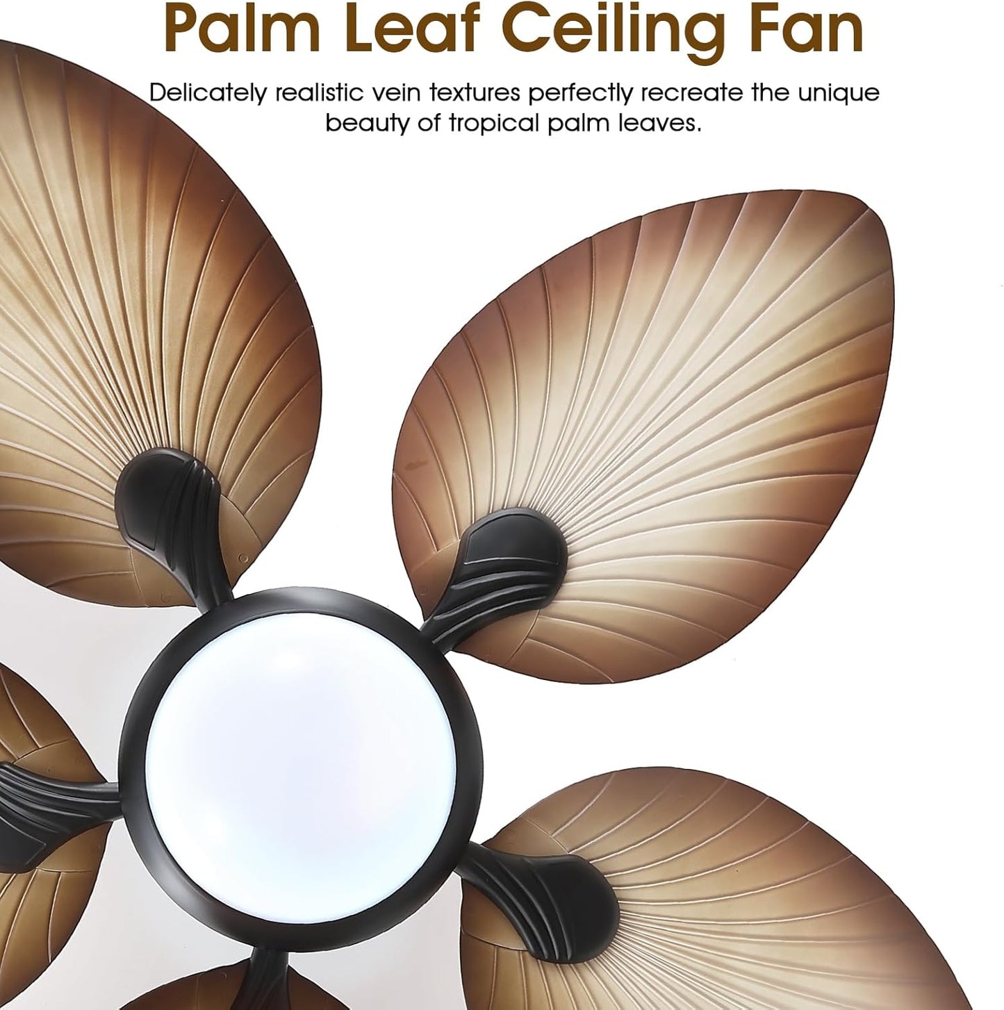 44 Inch Tropical Ceiling Fan with LED Lights, Palm Leaf Blades,6 Speed,Dimmable LED,Wood Grain Design,for Kitchen,Dining Room,Patio