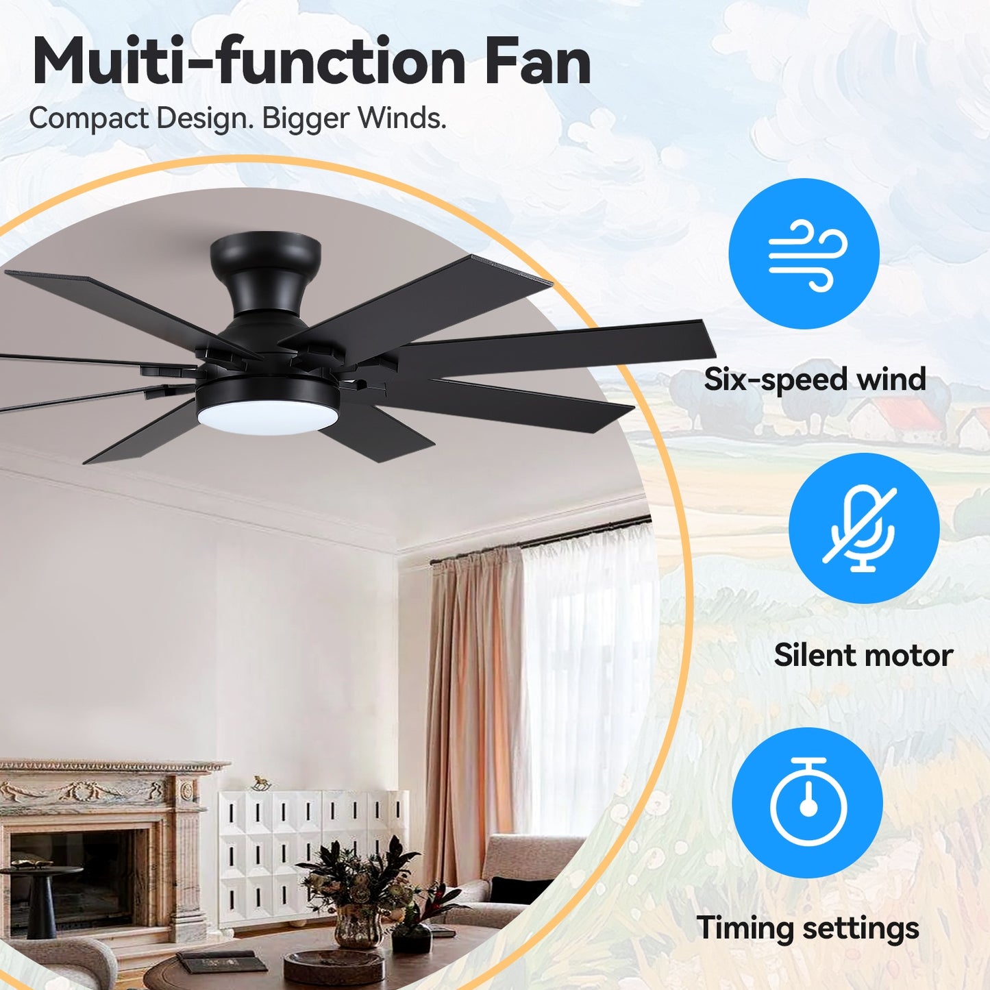52 Inch 8 Blades Flush Mount Ceiling Fan