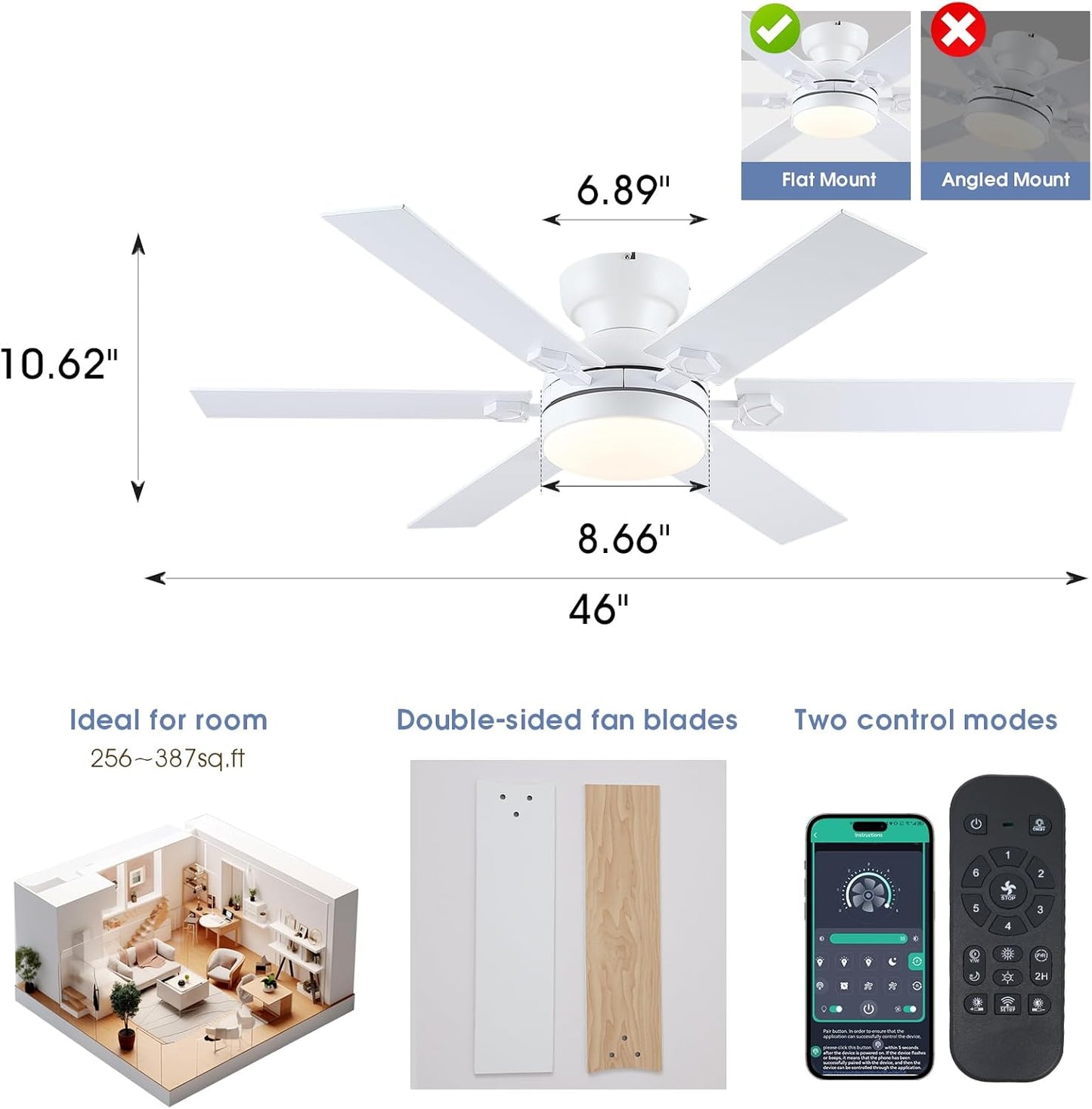 46 Inches Flush Mount Ceiling Fan with Light