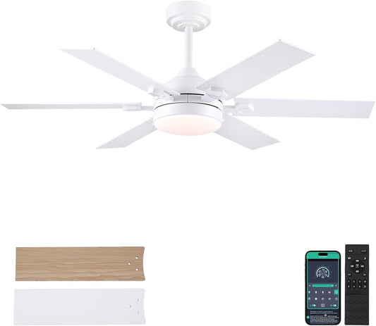 46 or 52 Inch Downrod Ceiling Fan with LED Light,5 Reversible Plywood Blades,APP and Remote Control