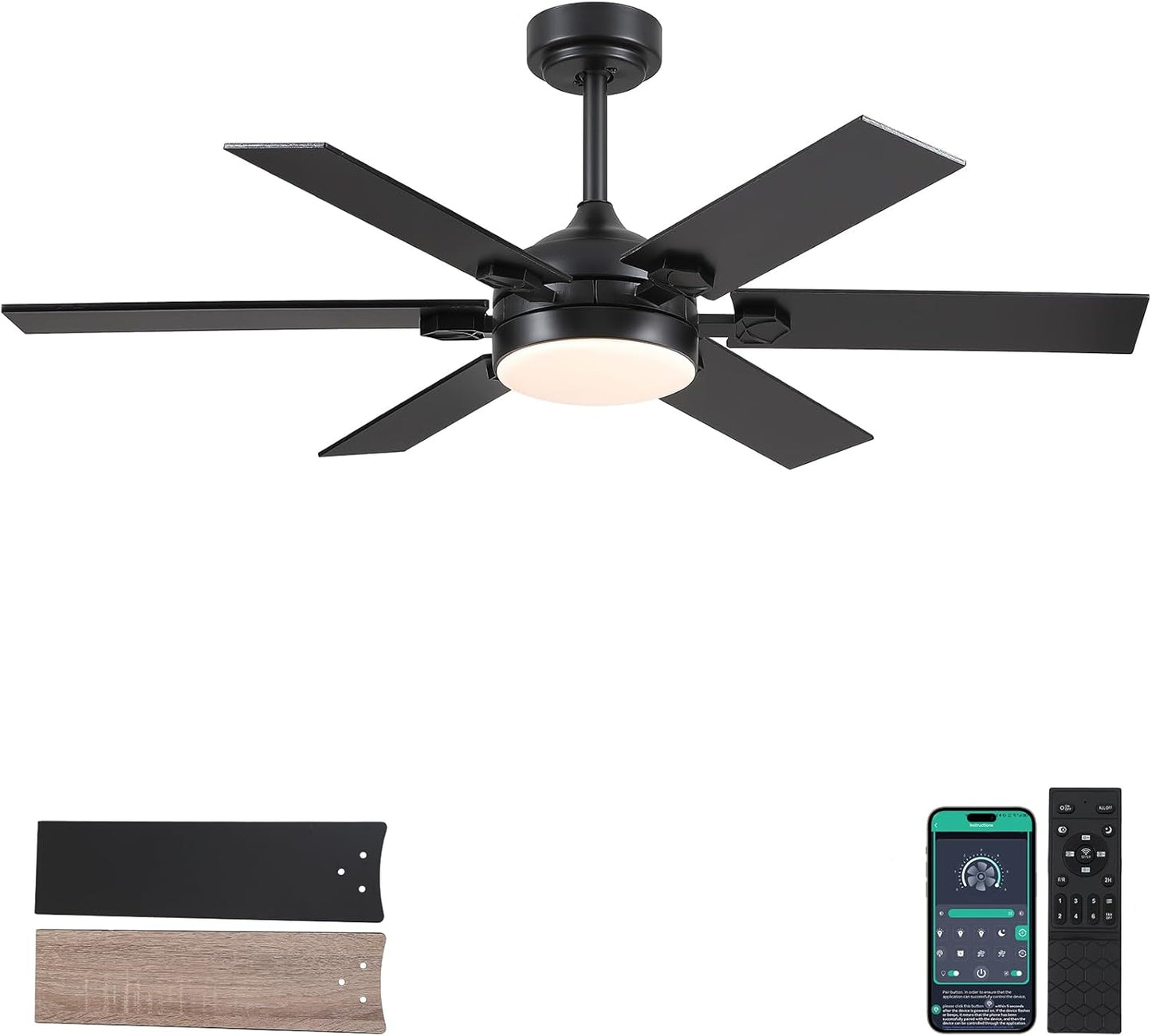 46 or 52 Inch Downrod Ceiling Fan with LED Light,5 Reversible Plywood Blades,APP and Remote Control