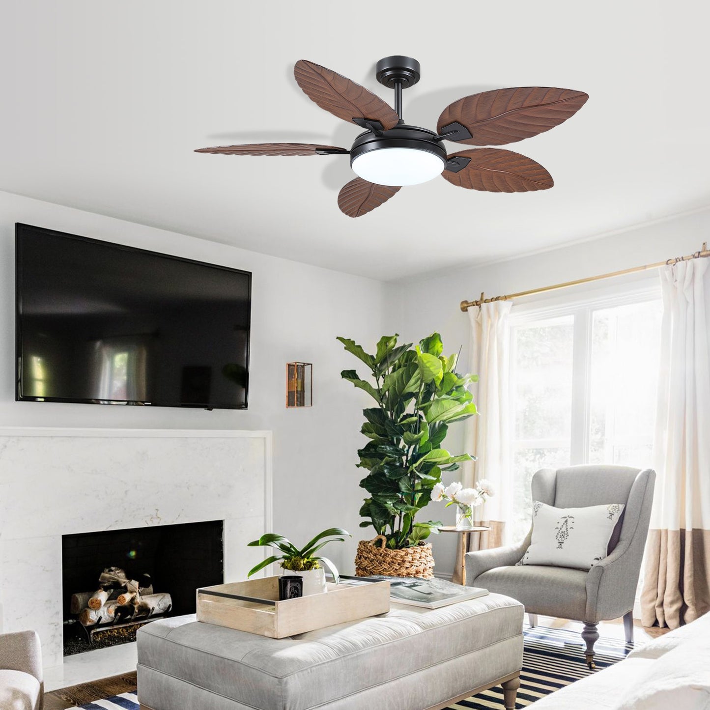 52 inch Brown Palm Leaf Ceiling Fan with Light