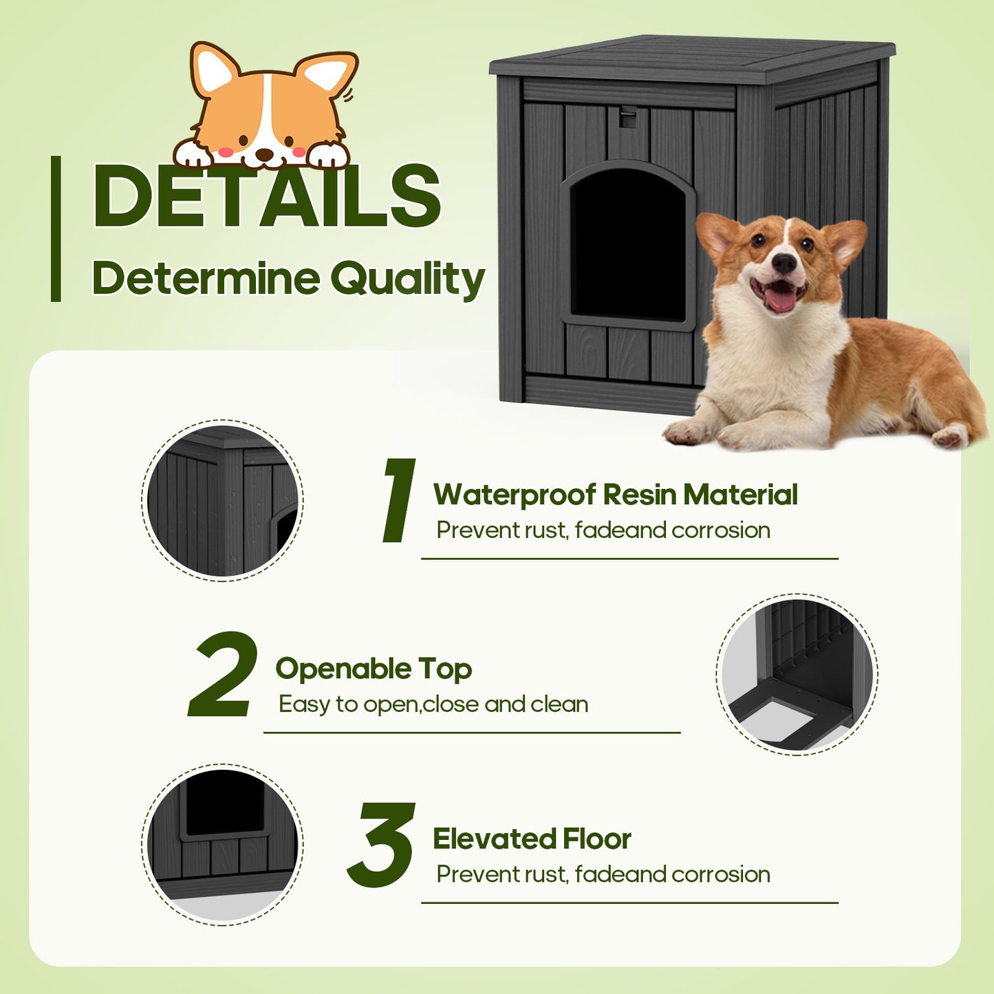 Indoor Dog House Weatherproof Outdoor Dog Houser for Small Medium Dogs, Resin Plastic Igloo Dog House with Flip Lid and Elevated Floor, Easy Assembly for Cat Puppy Shelter (Black)