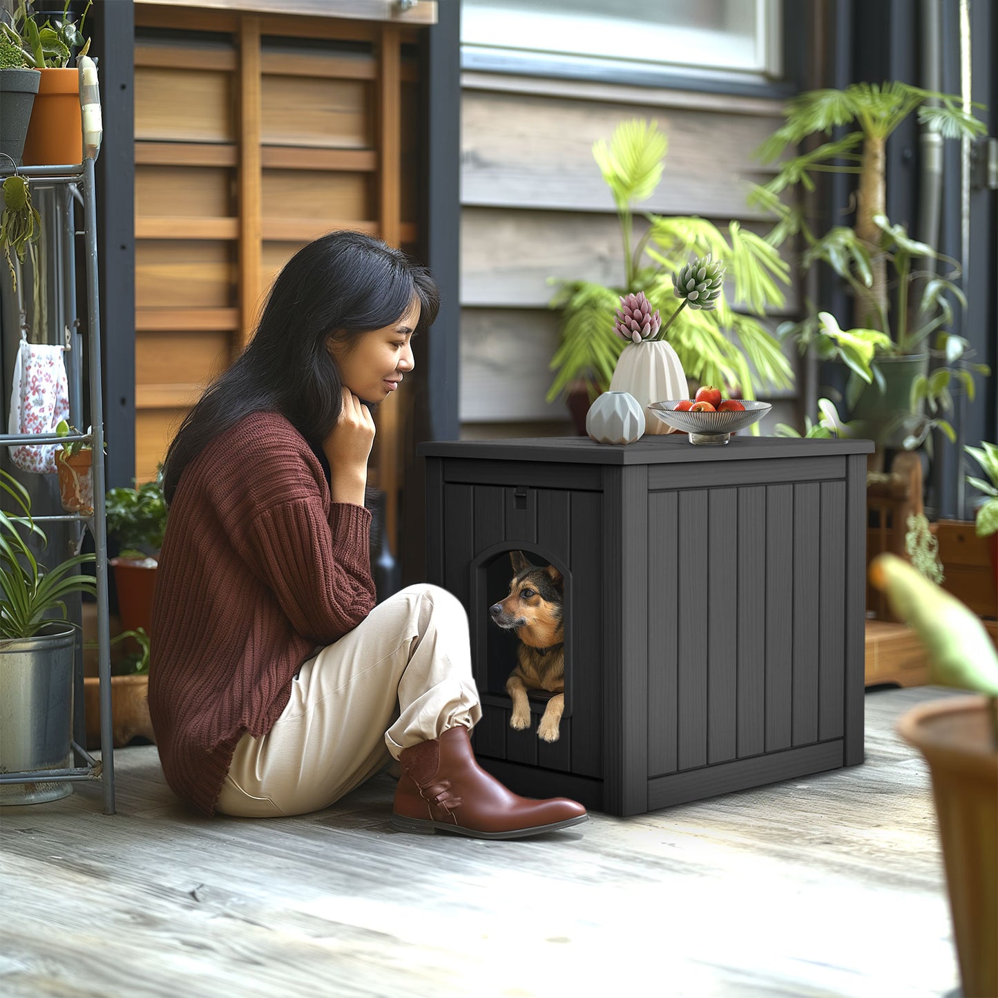 Indoor Dog House Weatherproof Outdoor Dog Houser for Small Medium Dogs, Resin Plastic Igloo Dog House with Flip Lid and Elevated Floor, Easy Assembly for Cat Puppy Shelter (Black)