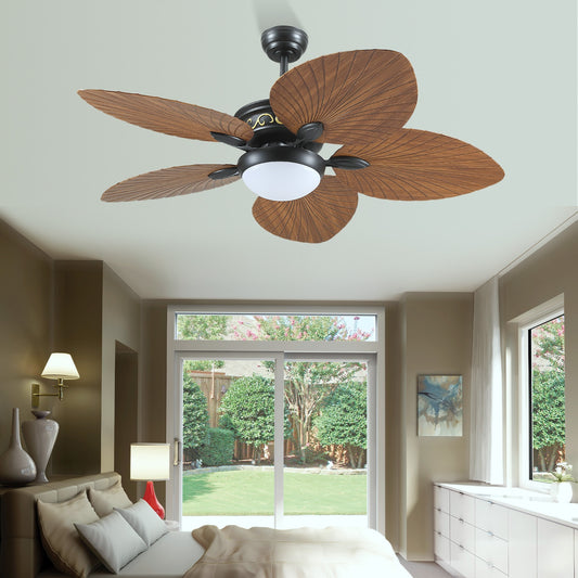 44 Inch Tropical Ceiling Fan with LED Lights, 5 Palm Leaf Blades,6 Speed,Dimmable LED,Light Brown,for Kitchen,Dining Room,Patio