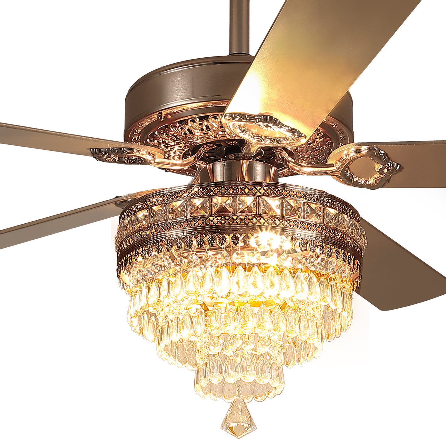 52 Inch Crystal Ceiling Fan Fandelier with Lights with Remote Control,Noiseless AC Motor,Retro/Farmhouse Lighting, Dining Room, Living Room