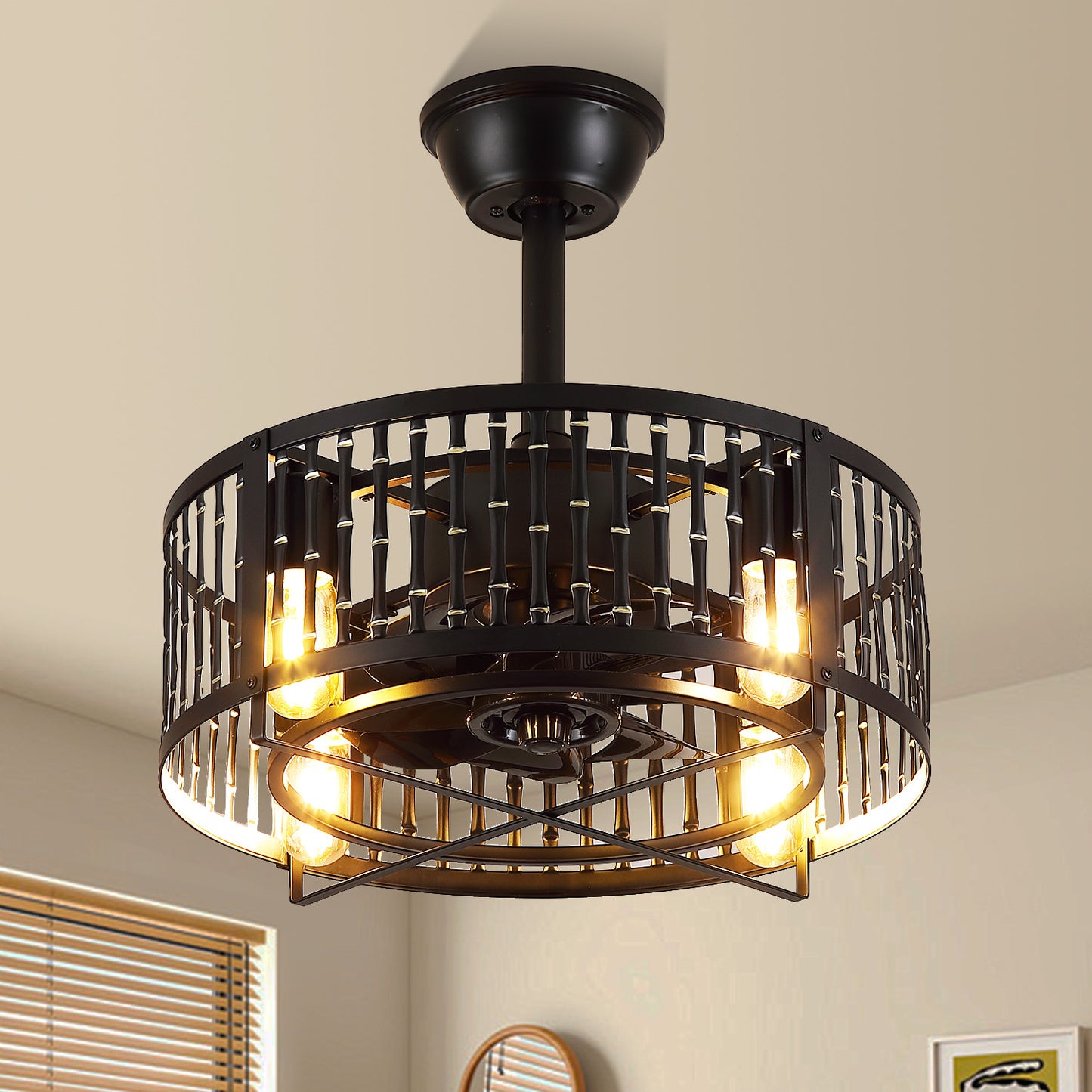 18 Inch Caged Ceiling Fan with Light and Remote,Downrod Bladeless Ceiling Fan Light,for Dining Room,Kitchen,Bedroom