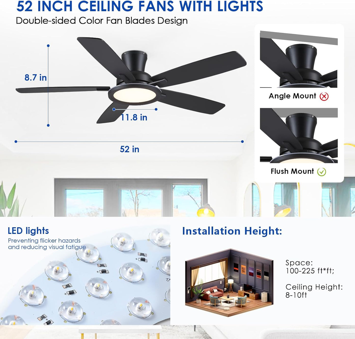 52 Inch Flush Mount Low Profile Ceiling Fan