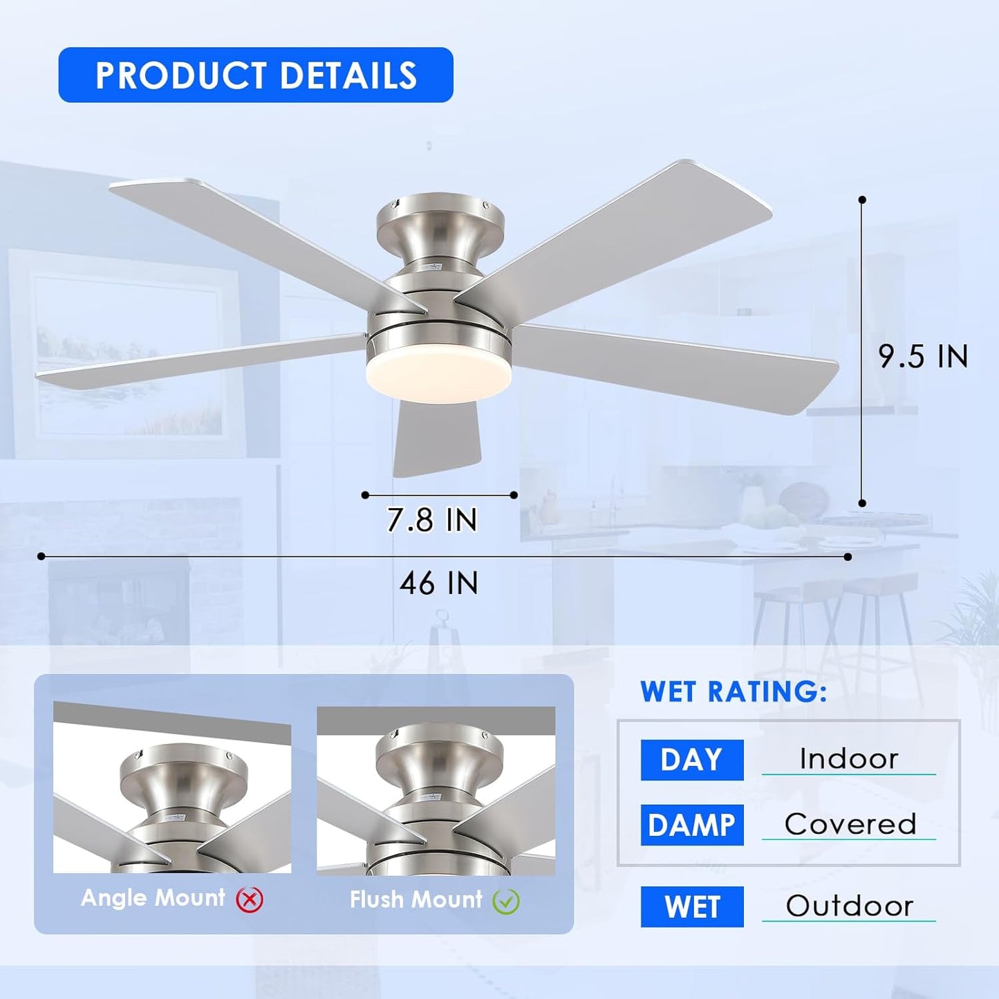 46 Inch  Low Profile Ceiling Fan with 6 Blades