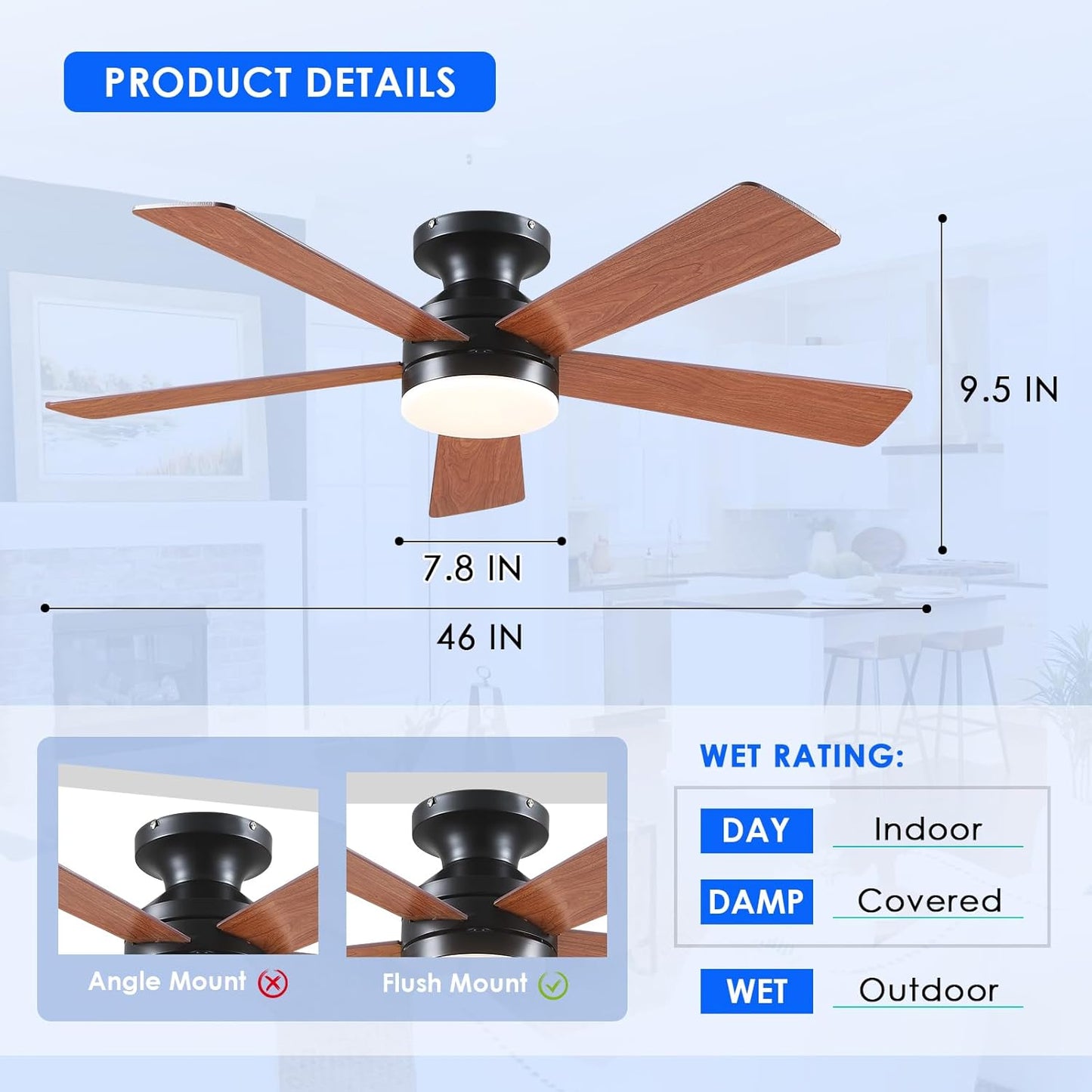 46 Inch  Low Profile Ceiling Fan with 6 Blades