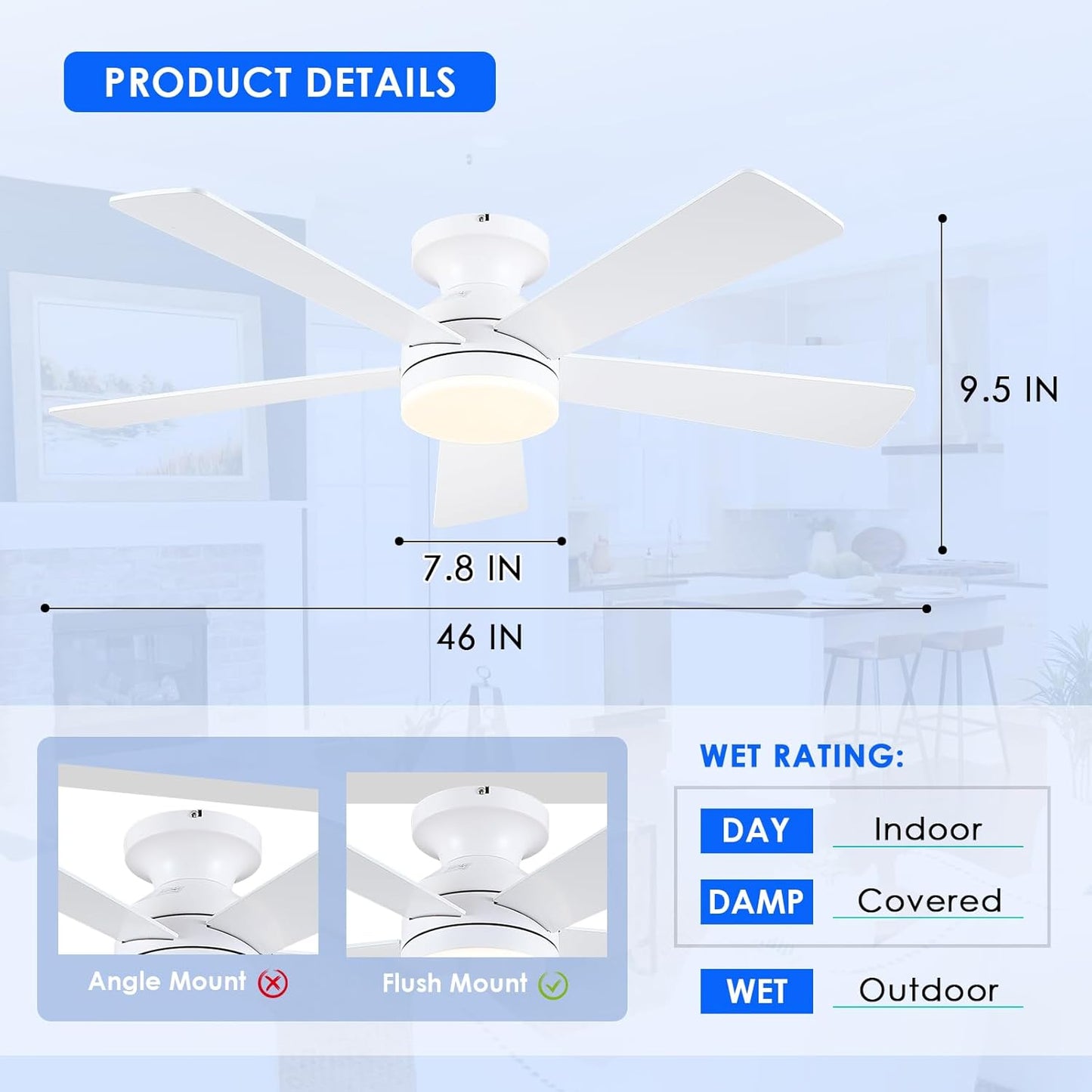 46 Inch  Low Profile Ceiling Fan with 6 Blades