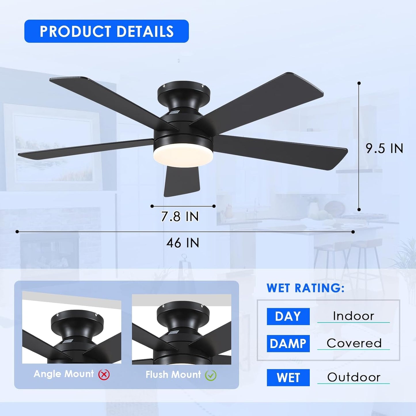 46 Inch  Low Profile Ceiling Fan with 6 Blades