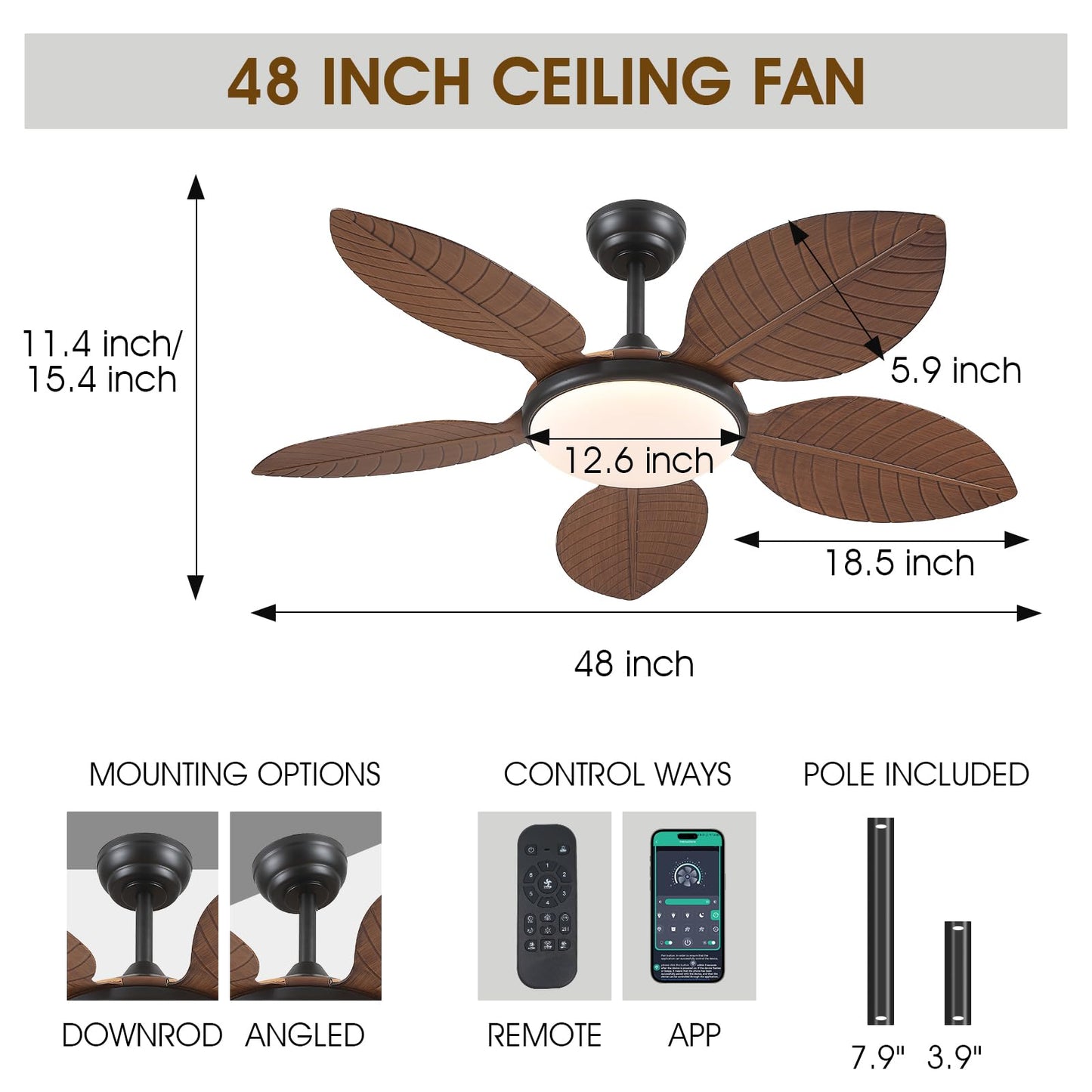 48 Inches Palm leaf Ceiling Fan with Light