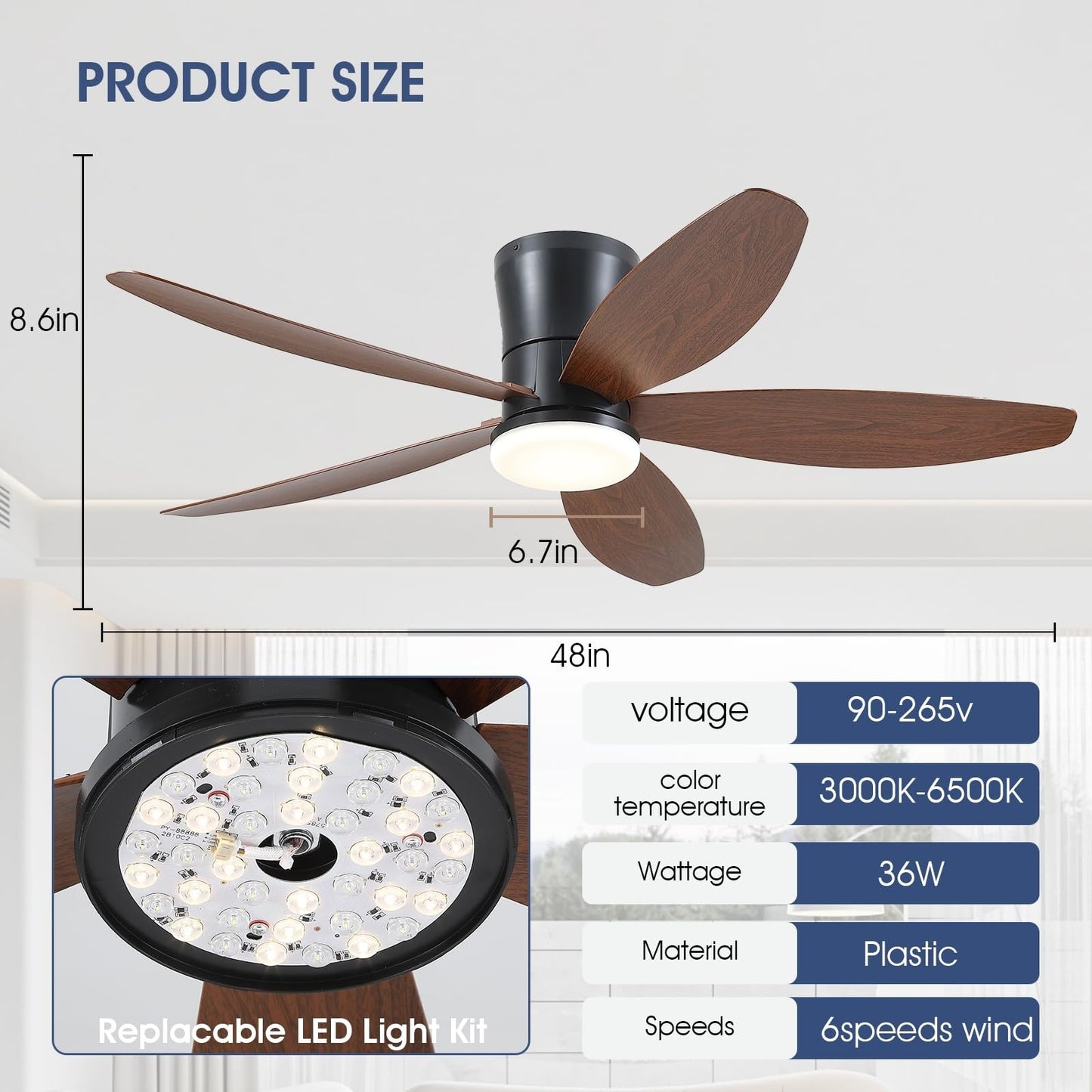 48" Low Profile Ceiling Fan with 5 ABS Blades