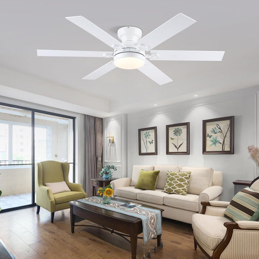 52 Inch White Flush Mount Ceiling Fan with Light,Low Profile Ceiling Fan